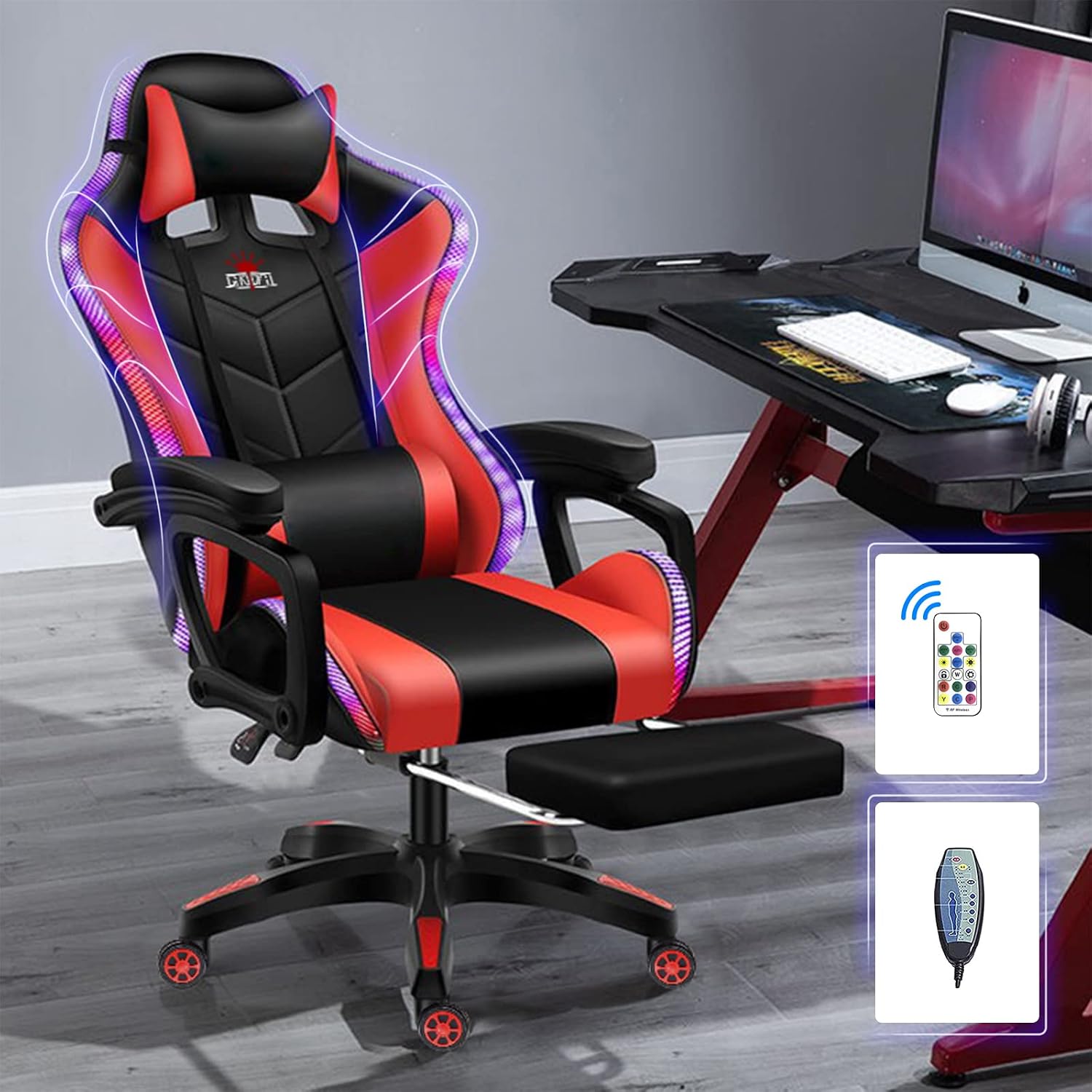 Massage Gaming Chair Racing Computer Desk Office Chair,with speakers and LED Linghts, with Headrest Lumbar Support footrest and Adjustable Armrests,360° Swivel 135° Reclining , 300LB Metal Base,Red