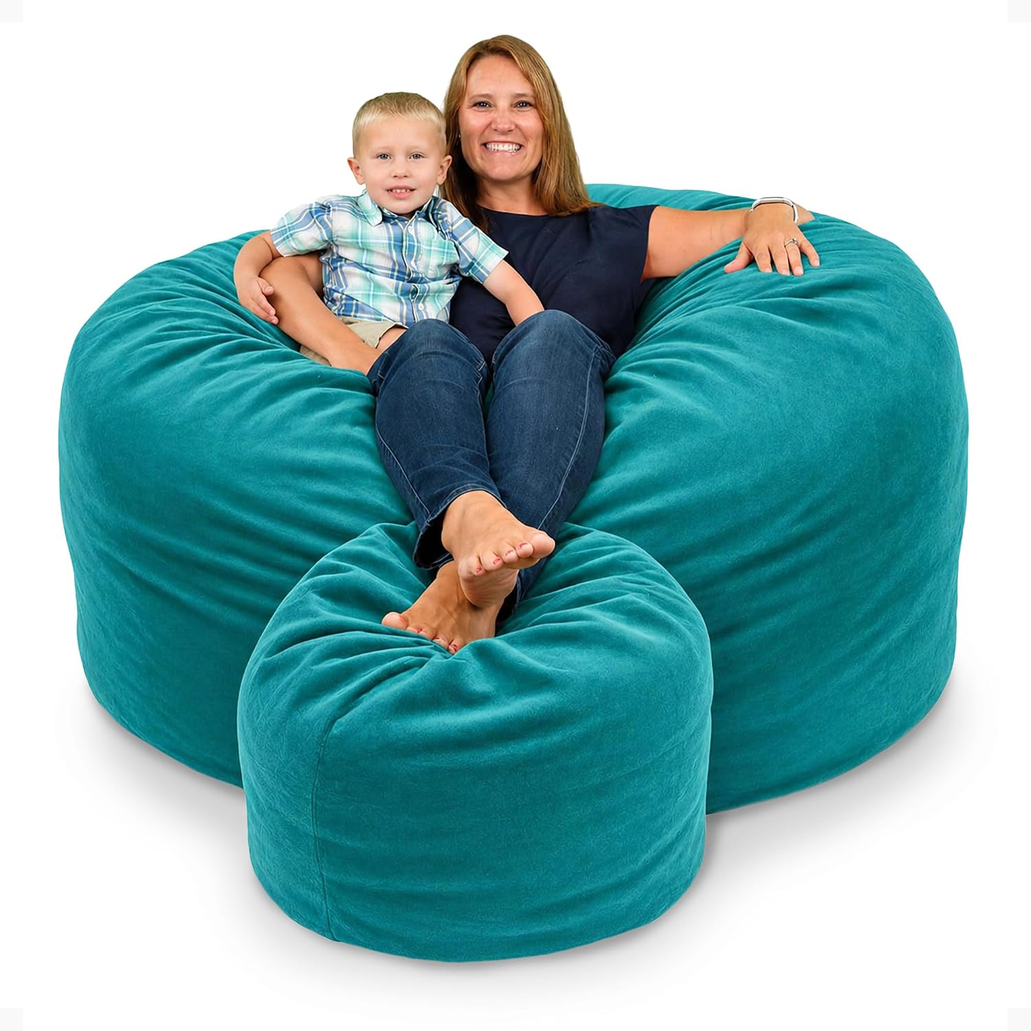 Ultimate Sack 6000 6-Foot Bean Bag Chair with Footstool, Teal Suede Cover – Oversized Foam Lounger, Floor Seat, Small Sofa, or Couch Bed for Living Area, Gaming Room, or Reading Lounge