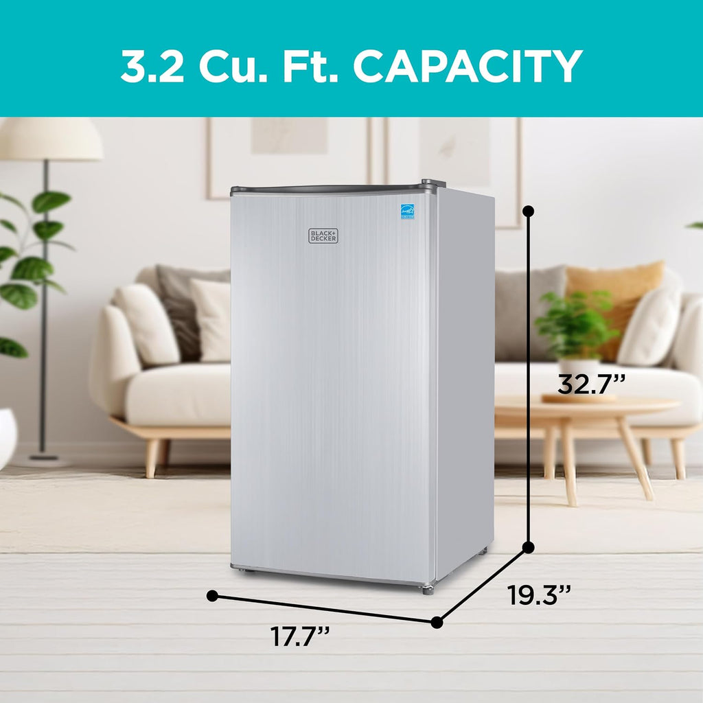 BLACK+DECKER 3.2 Cu. Ft. Compact Refrigerator, ENERGY STAR Small Refrigerator, Single Door Mini Fridge with Chiller Compartment, Personal Fridge for Home or Dorm Room, BCRK32V, Stainless Look