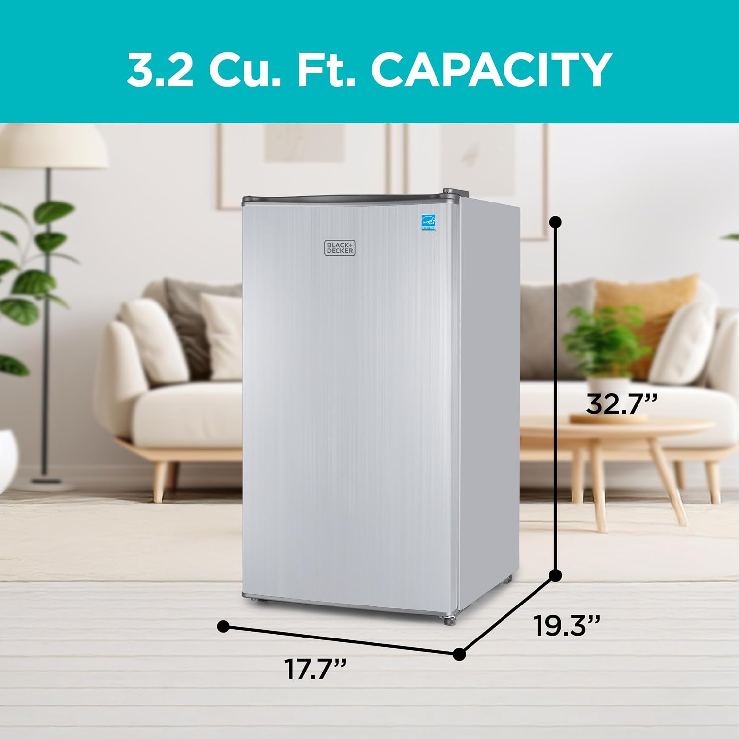 BLACK+DECKER 3.2 Cu. Ft. Compact Refrigerator, ENERGY STAR Small Refrigerator, Single Door Mini Fridge with Chiller Compartment, Personal Fridge for Home or Dorm Room, BCRK32V, Stainless Look