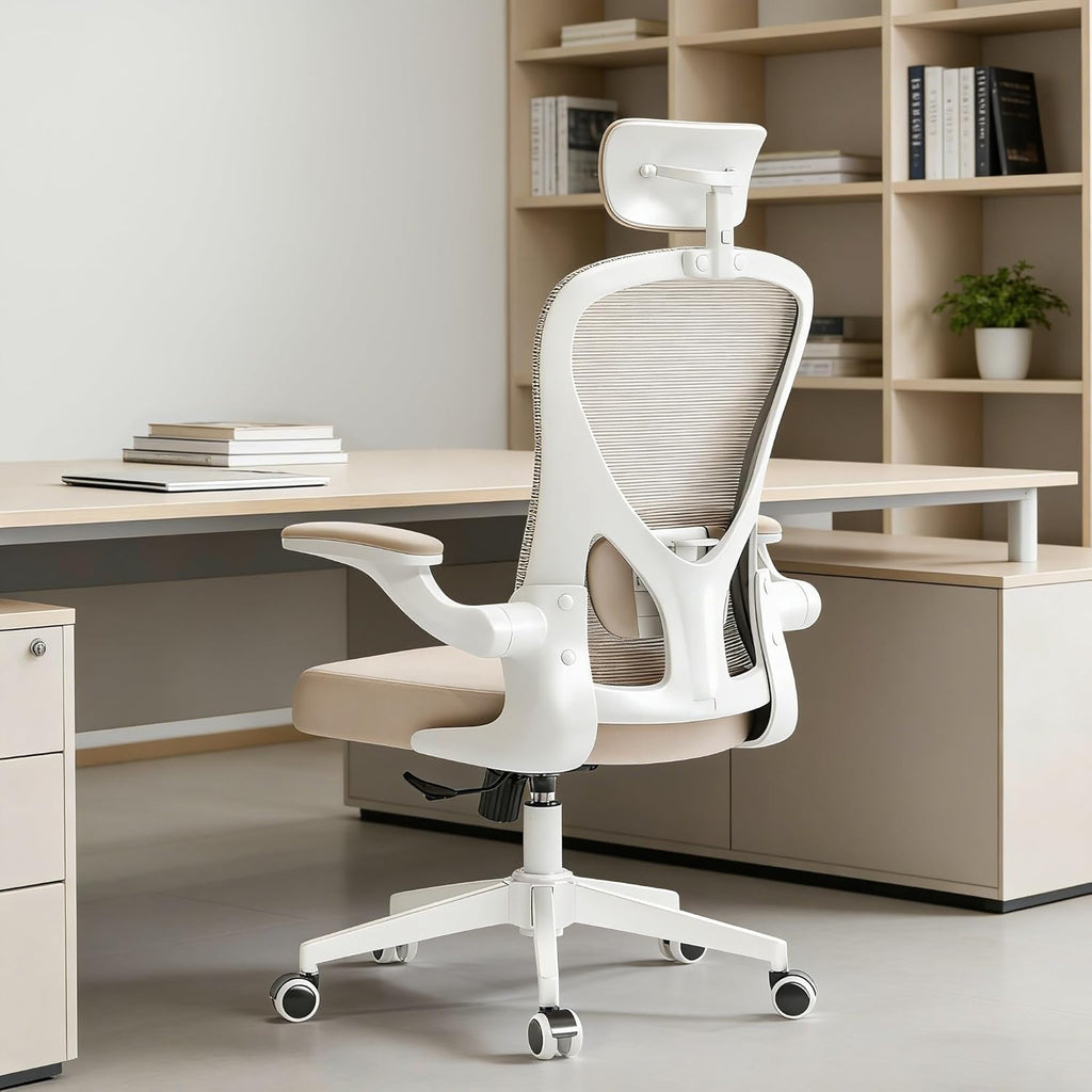 Ergonomic Office Chair with Adjustable Flip-Up Armrests & Lumbar Support - Thickened Cushion Desk Chair with Wheels, Comfy Home Office Computer Chair