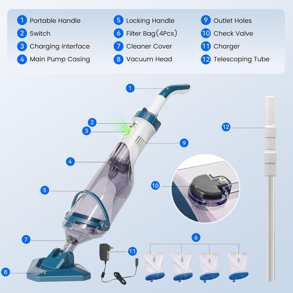 Enhulk Rechargeable Handheld Cordless Pool Vacuum for Above Ground Pool and Inground Pool, 60-Minute Runtime,Powerful Suction up to 18.5 gallons/min, Efficient Leaf and Debris Removal, PC10 Pro