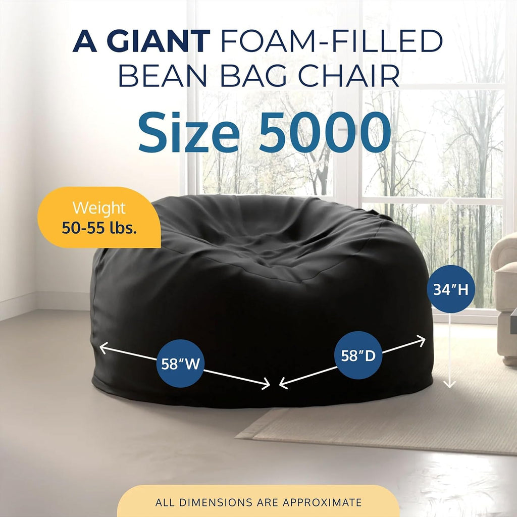 Ultimate Sack 5000 5-Foot Bean Bag Chair, Black Suede Cover – Oversized Foam Lounger, Floor Seat, Small Sofa, or Couch Bed for Living Area, Gaming Room, or Reading Lounge