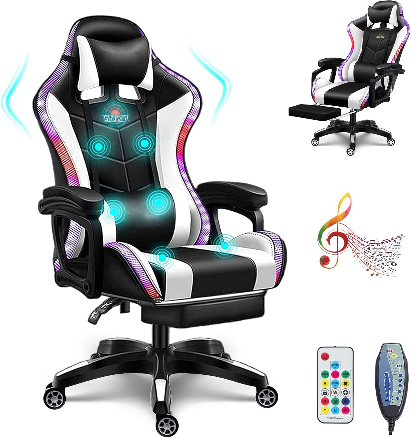 RGB Gaming Chair with Speakers Full Massage Video Game Chair with Footrest Ergonomic Office Chair PU Leather Recliner Swivel Computer Chair with Lumbar Support Headrest High Back Gamer Chair,White