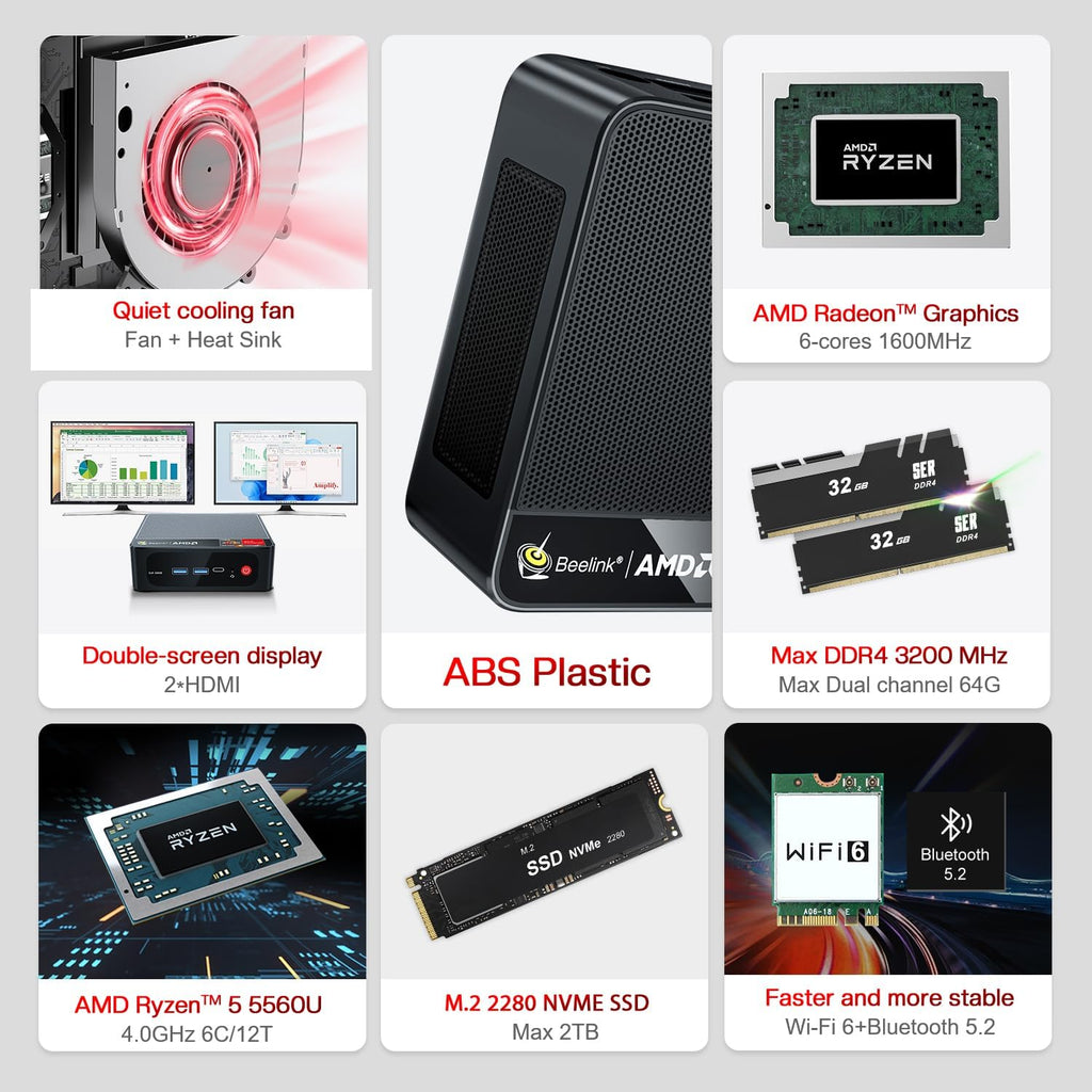 Beelink SER5 Mini PC,AMD Ryzen 5 5560U (6C/12T,up to 4.0GHz),Mini Computer with 16GB DDR4/500GB NVMe SSD,SupportDual Screen Display (2*HDMI/4K),WiFi6E,BT5.2,Type-C,Gigabit LAN