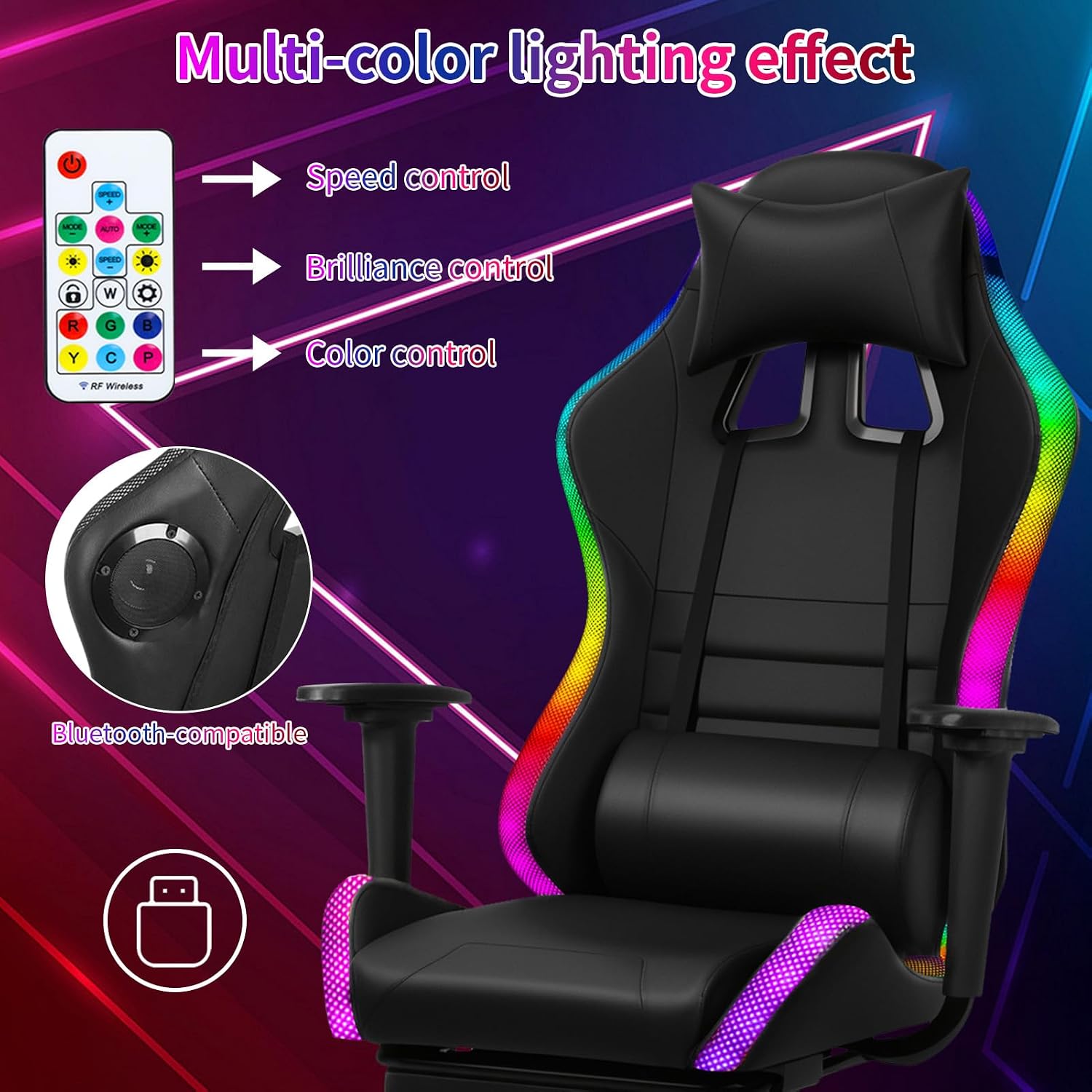 Gaming Chair with Bluetooth Speakers and LED Lights, Gamer Chair with Height Adjustable, Ergonomic Massage Computer Gaming Chair with Footrest, Video Game Chair with Lumbar Support for Adults