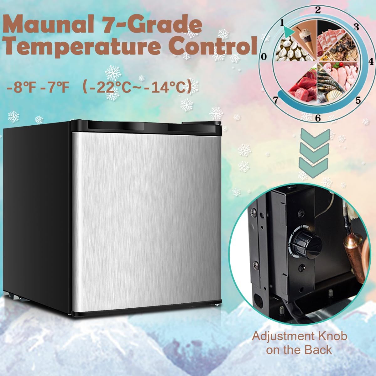 1.1 cu. ft. Mini Freezer Countertop, Portable Small Freezer w/Reversible Door, 7-Grade Adjustable Thermostat, Manual Defrost, Compact Upright Freezer for Garage, Dorm, Office, RV, Boat