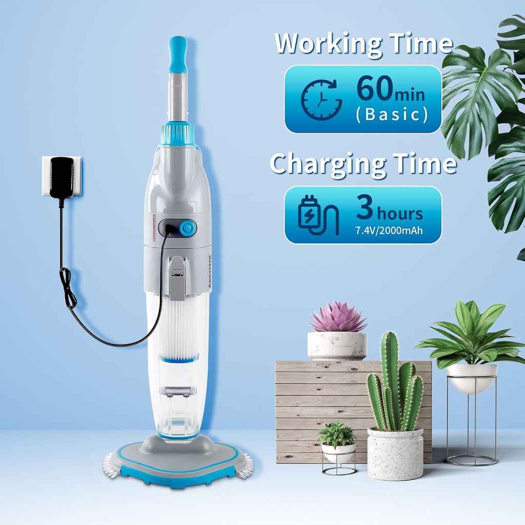 Cordless Handheld Pool Vacuum (Pole Included), Rechargeable Pool Cleaner with 2-Speed Cleaning Mode, 19GPM Suction, Dual Filter System, Perfect for Above/In-Ground Pools, Spas, Hot Tubs