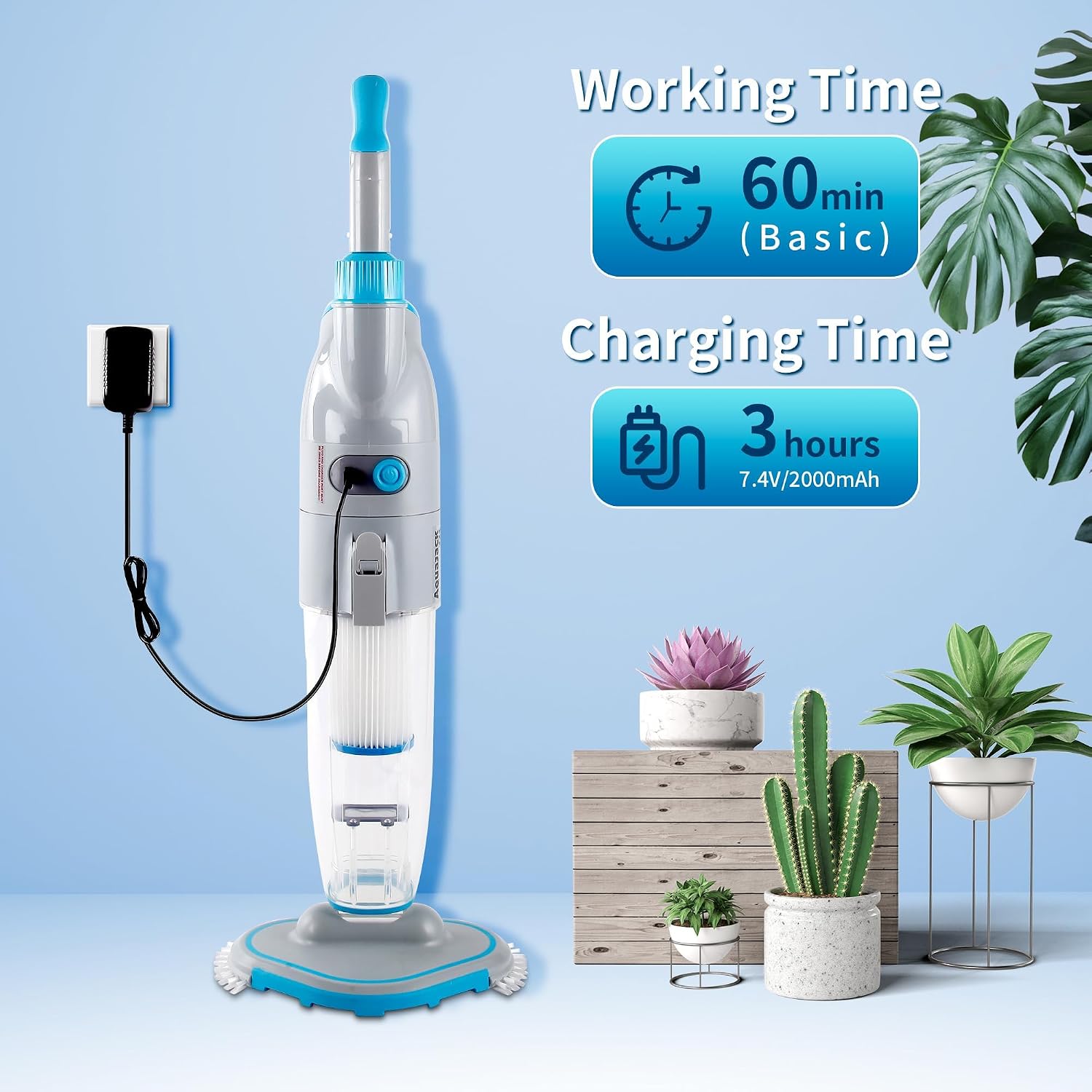 Cordless Handheld Pool Vacuum (Pole Included), Rechargeable Pool Cleaner with 2-Speed Cleaning Mode, 19GPM Suction, Dual Filter System, Perfect for Above/In-Ground Pools, Spas, Hot Tubs