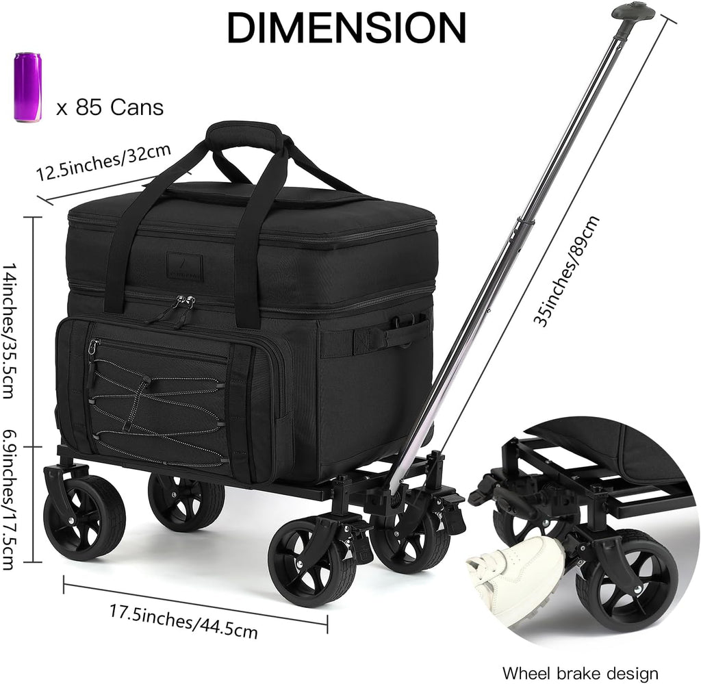 Extra Large Wheeled Portable Cooler Bag 85 Cans Double Deck Heavy Duty Rolling Insulated Cooler with All-Terrain Wheels Leakproof Tactical Soft Sided Cooler for Beach Camping Picnic Travel