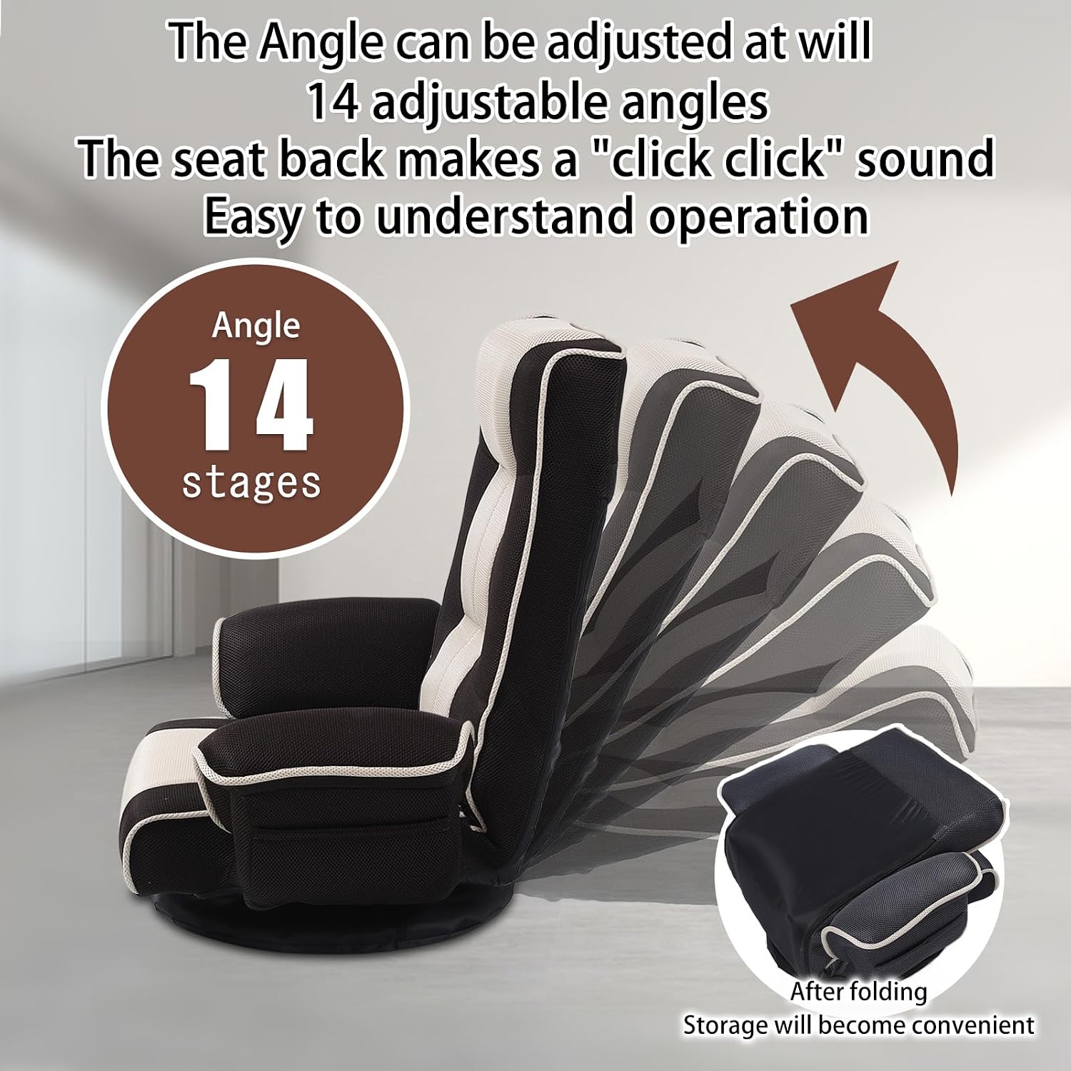 360 Degree Swivle Adjustable Floor Chair, Chaise Lounge Indoor, Folding Lazy Sofa with Armrests and Side Pocket Adults Gaming Chairs for Living Room, Bedroom Factory Price 201 (BK-CO)