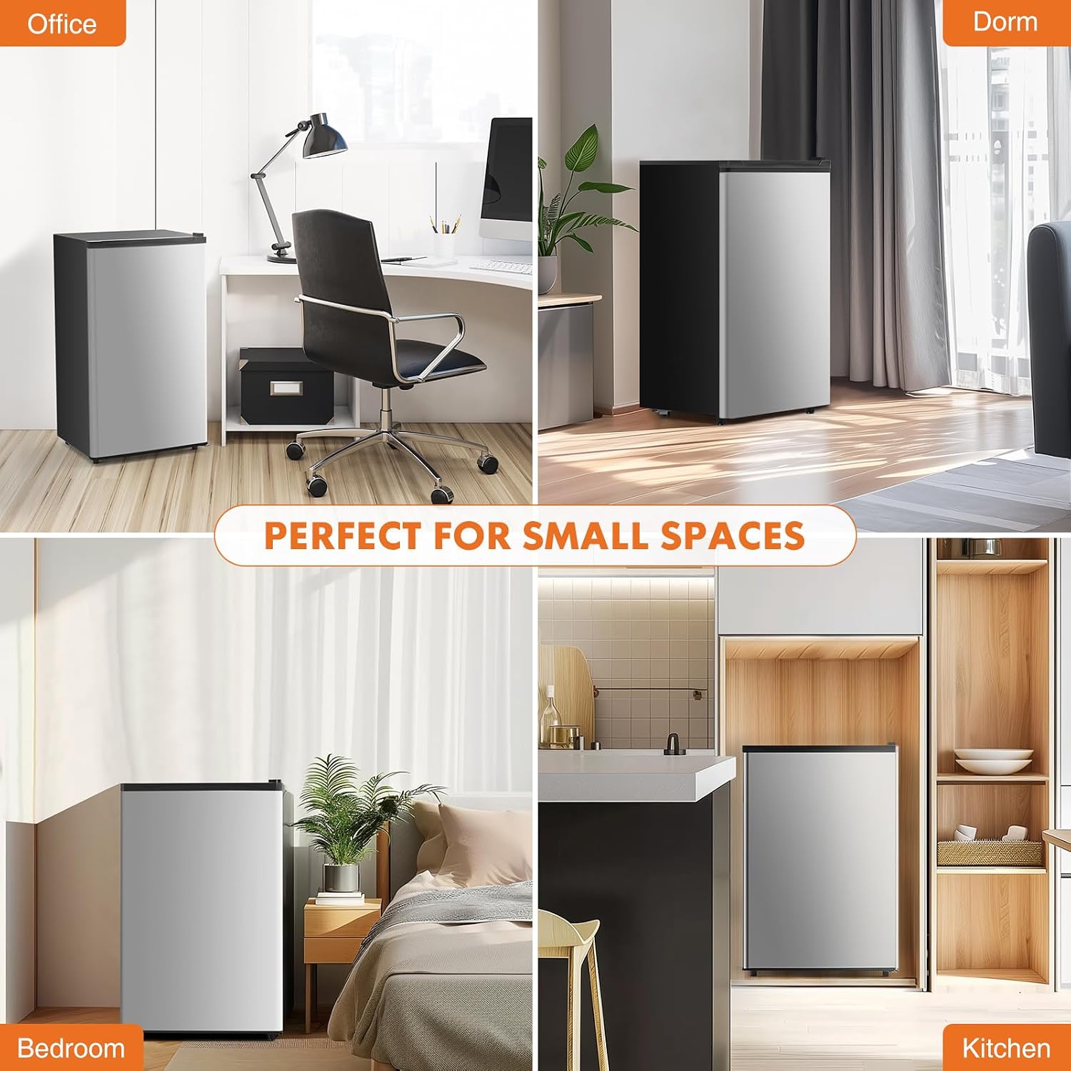 Sweetcrispy 3.2 Cu.Ft Mini Fridge with Freezer Small Refrigerator Single Door Adjustable Thermostat Energy-efficient Low Noise, Compact Fridge for Bedroom, Office, Dorm (Silver Door)
