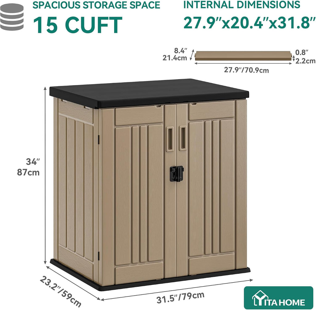 YITAHOME Outdoor Storage Cabinet with 2 Shelves, Waterproof Resin Horizontal Tool Shed, Lockable 15 cu. ft. Storage Shed for Patio, Garden, Yard, Brown