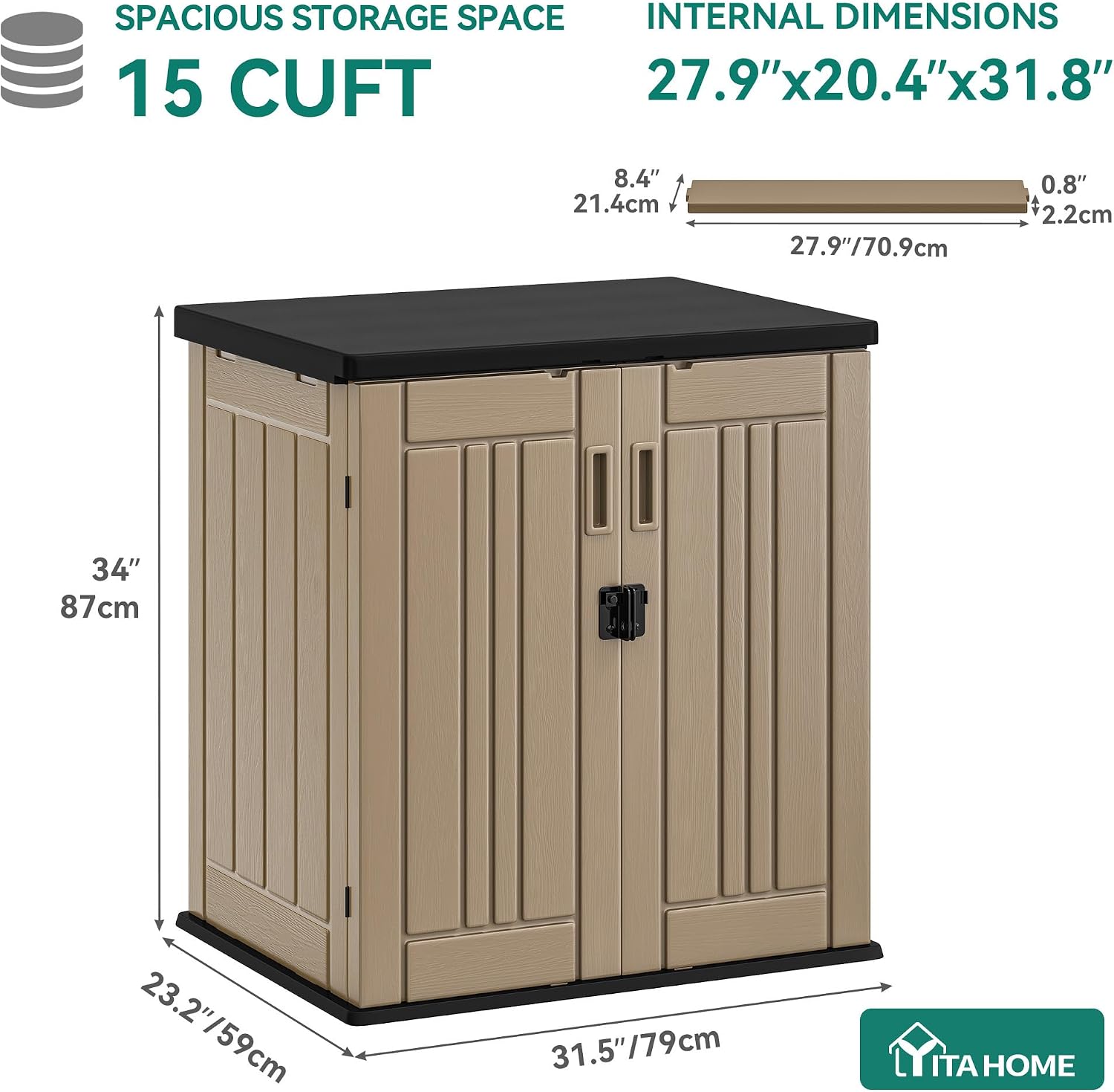 YITAHOME Outdoor Storage Cabinet with 2 Shelves, Waterproof Resin Horizontal Tool Shed, Lockable 15 cu. ft. Storage Shed for Patio, Garden, Yard, Brown