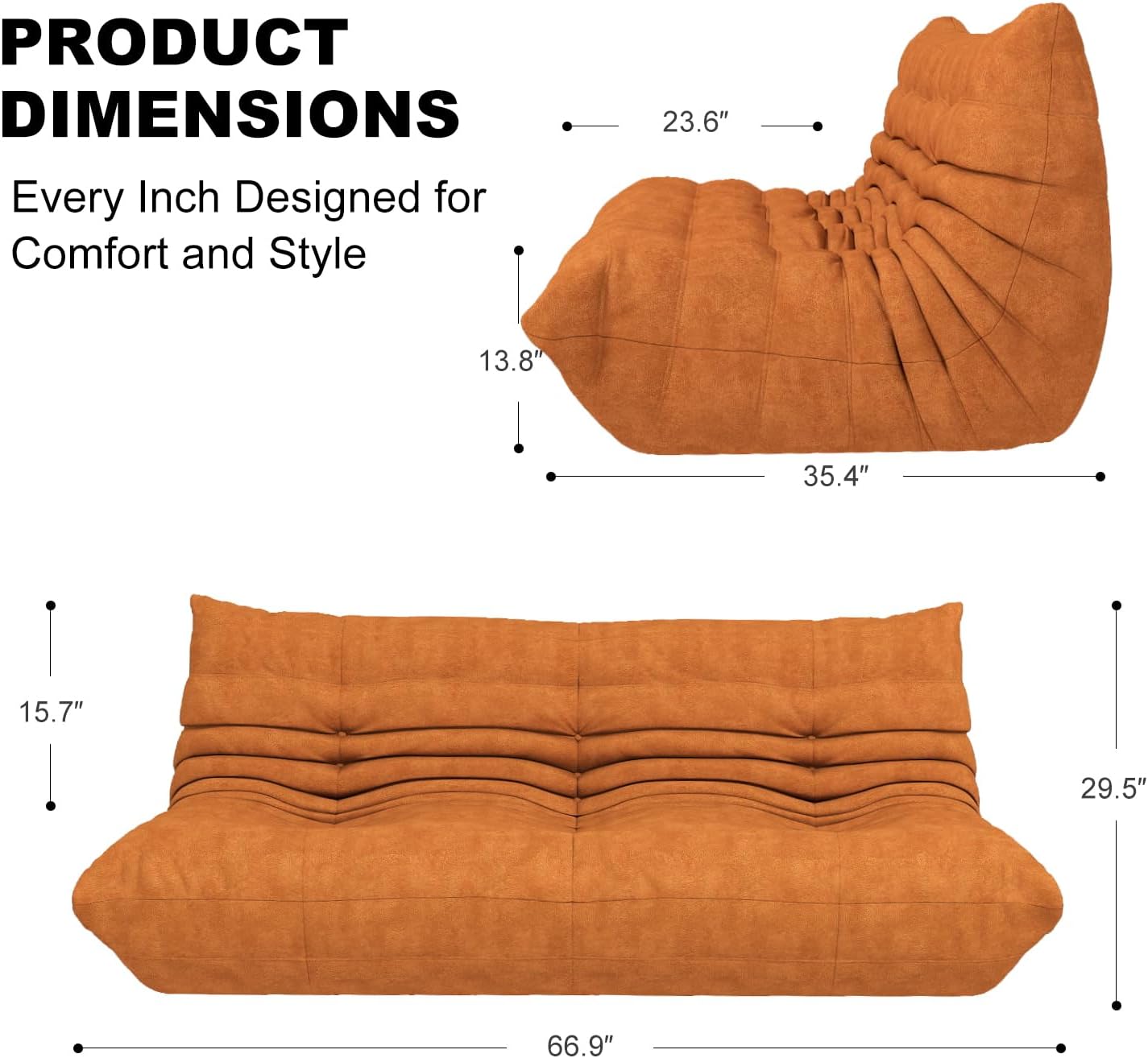 Full Foam Three Seater Sofa – Bean Bag Chairs Floor Couch for Adults, Waterproof Upholstery, Armless Fireside Lounge Chair for Living Room, Apartment, or Office (DarkOrange)