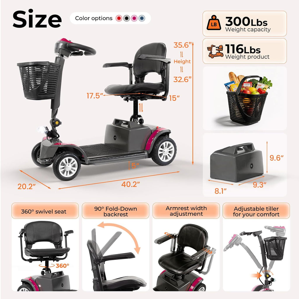 Mobility Scooter for Adults Senior,4 Wheels Electric Powered Scooter,Lightweight Mobility Scooter,with LED Headlights and Basket,Charger Included, Detachable Battery and Rotatable Seat (Grey-Purple)