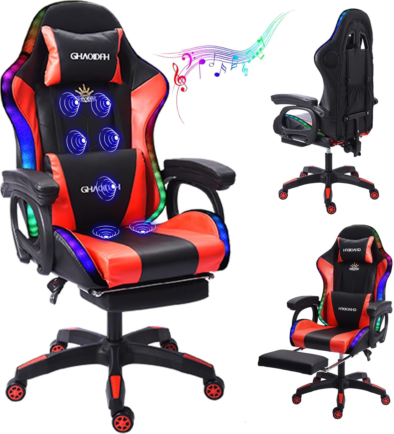 Gaming Chair with Massage and Footrest, Ergonomic Computer Chair, Video Gaming Chair with Speakers and LED Lighting, High Back Racing Chair with Headrest and Lumbar Pillow.,Red