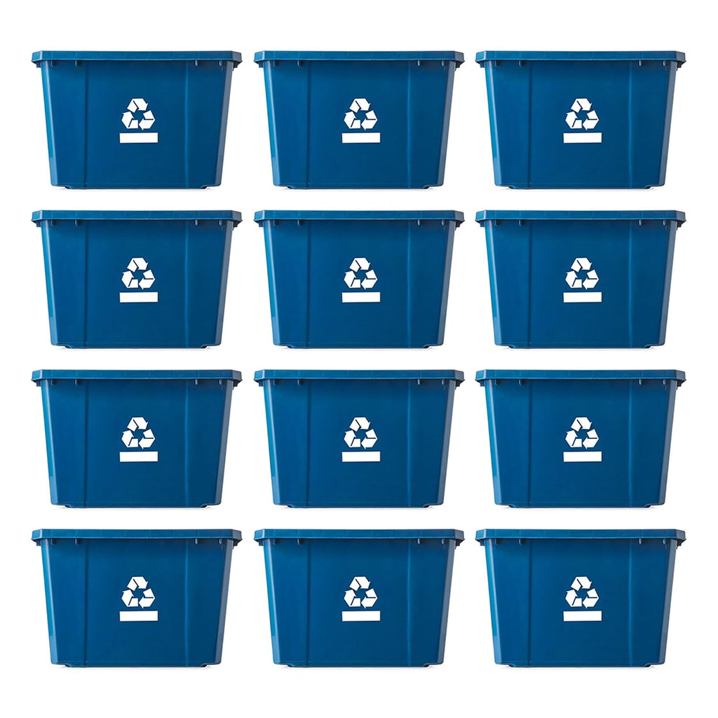 Gracious Living Medium Curbside Blue Box, Plastic 17 Gallon/64 Litre Home Trash Can Refuse and Recycling Bin Container with Built-in Handles (12 Pack)