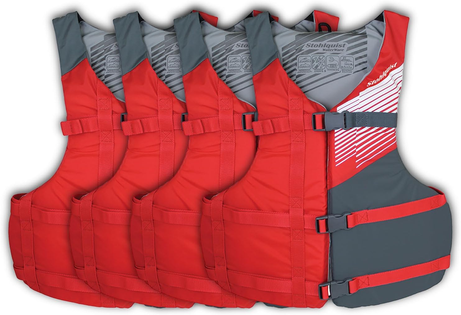 Stohlquist Universal Fit Adult Life Jacket PFD (4 Pack) Coast Guard Approved, for Men and Women 90+ lbs, Lightweight Neoprene and Adjustable, Ideal for Boating, Kayaking & Water Sports