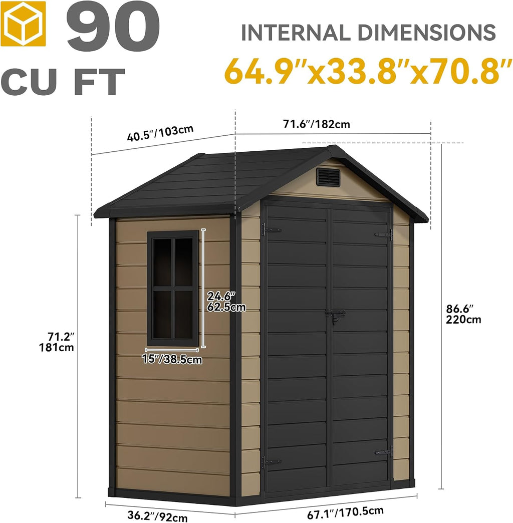 DWVO 6x4 FT Resin Storage Shed with Floor, Outdoor Storage Shed with Lockable Door, Window and Vents, Waterproof Plastic Tool Storage for Garden, Backyard, Patio, Lawn, Brown