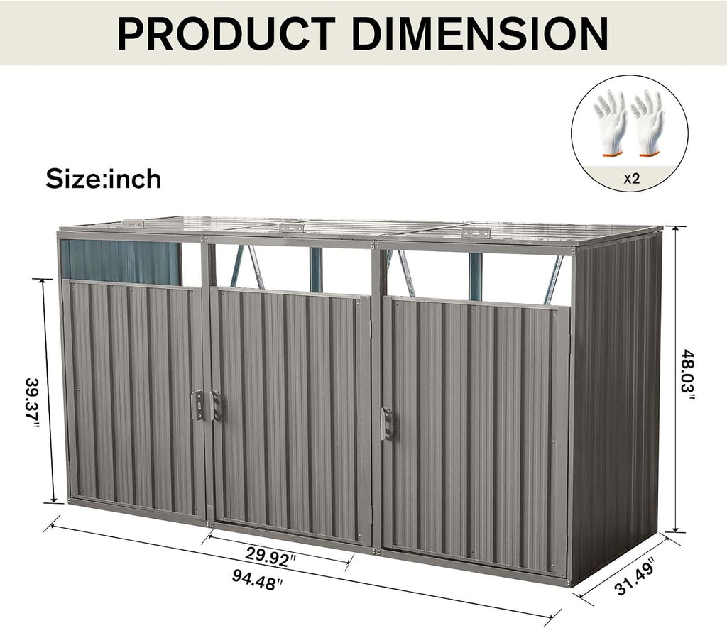 Outdoor Garbage Bin Storage Shed, Steel Trash Can Storage with Lockable Doors & Lids for 3 Trash Cans, Metal Garbage Can Hider for Outside Garden Yard Backyard Patio (3 Trash Can+Grey)