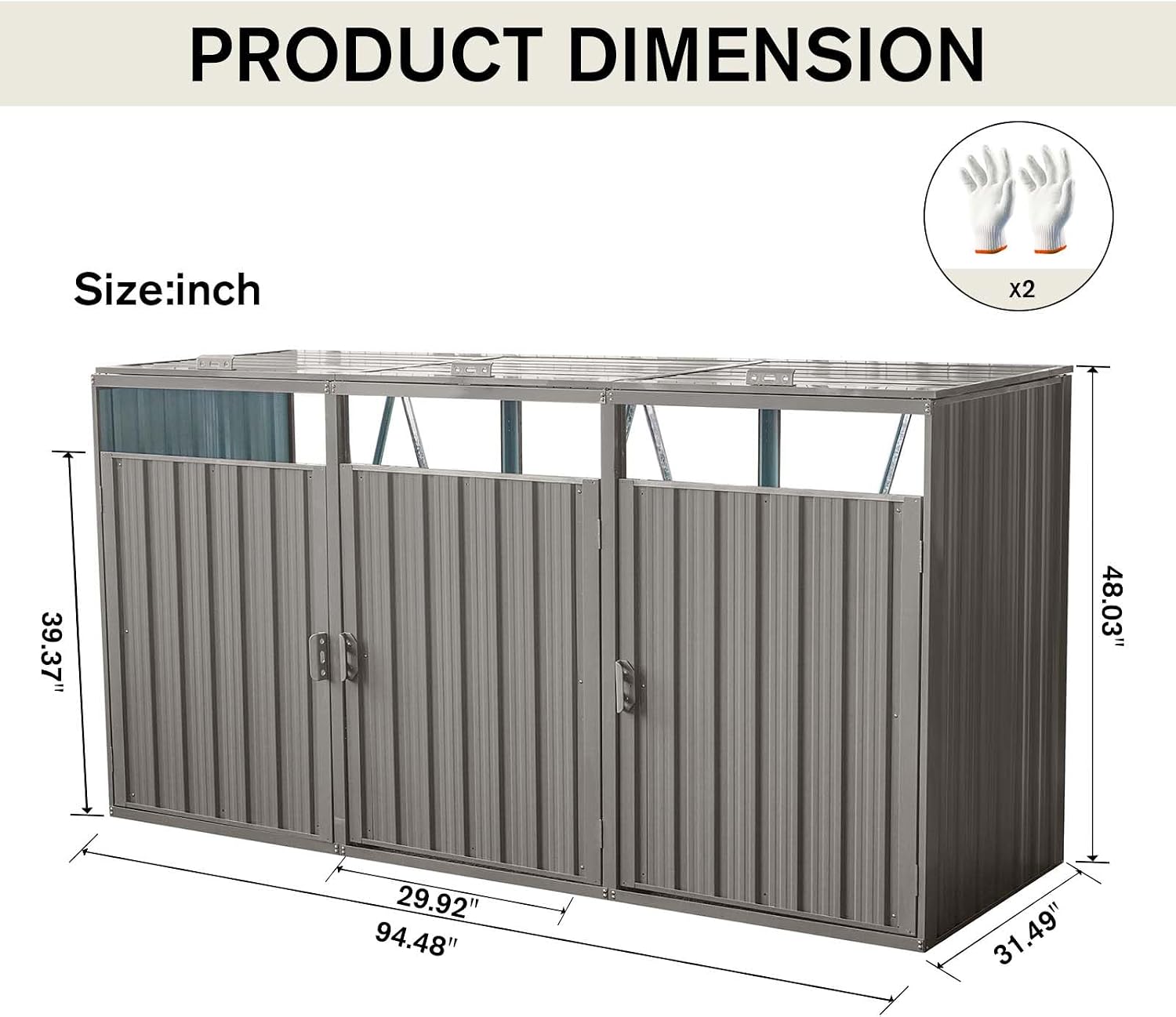 Outdoor Garbage Bin Storage Shed, Steel Trash Can Storage with Lockable Doors & Lids for 3 Trash Cans, Metal Garbage Can Hider for Outside Garden Yard Backyard Patio (3 Trash Can+Grey)