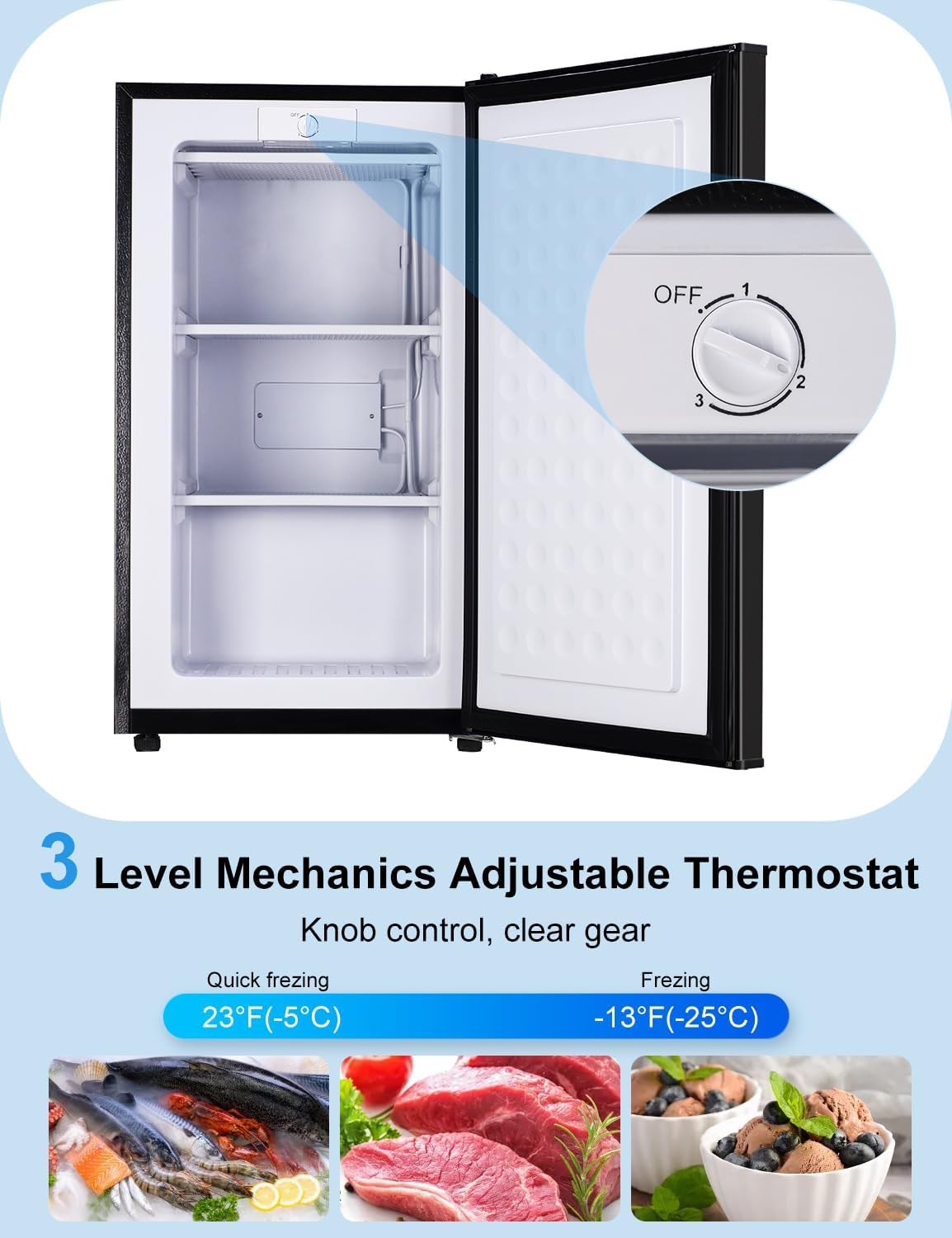 Upright freezer 3.2 Cu.Ft Mini Freezer with Reversible Door - Stand Up Freezer w/3 Adjustable Thermostat - Freestanding Compact freezer w/3 Plastic Baffles for Kitchen/RV/Dorm/Apartment,Ultra-Quiet
