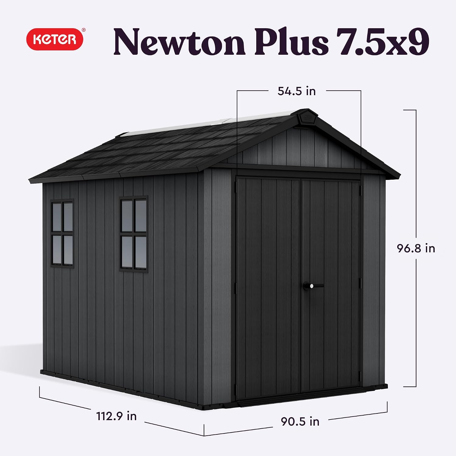 Keter Newton Plus 7.5x9 Ft All-Weather Storage Shed with Skylight, Window, Built-in Ventilation, Customizable Walls, & Lockable Double Doors, Graphite