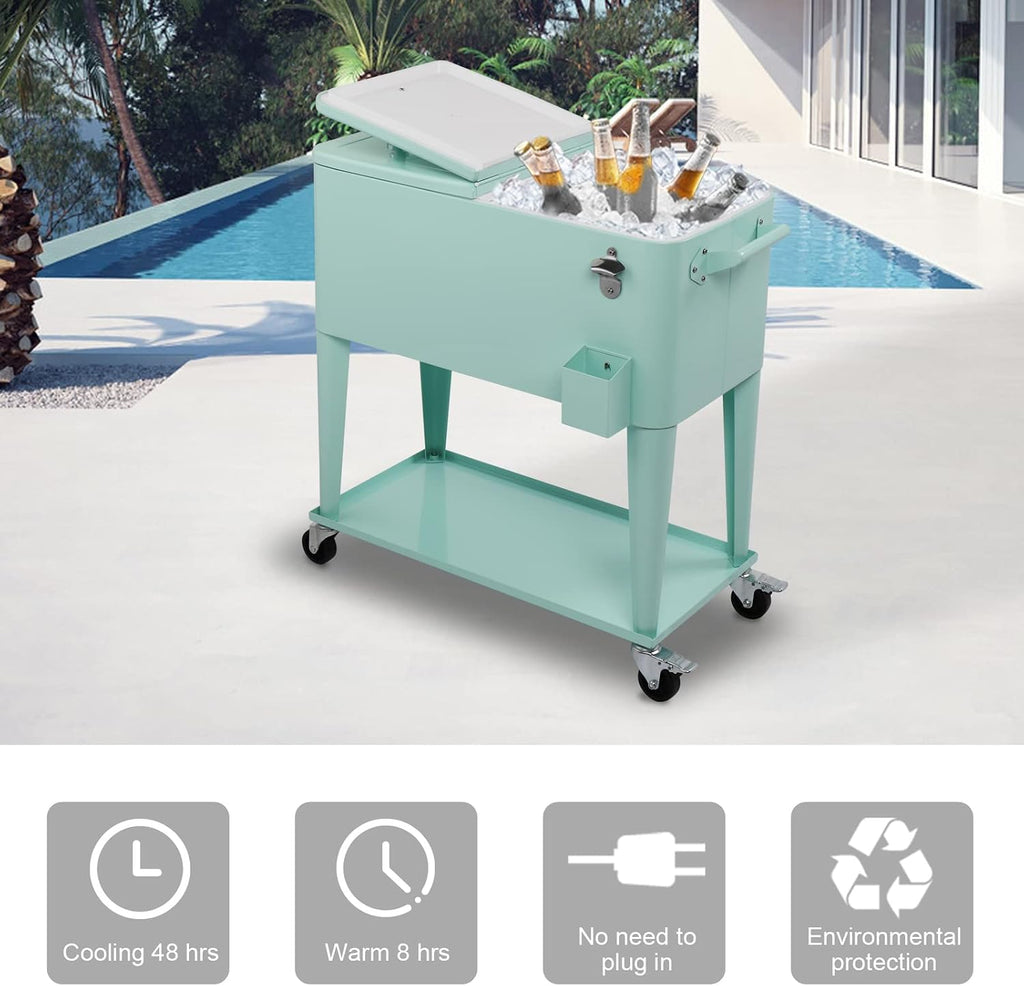 VINGLI 80 Quart Rolling Ice Chest on Wheels, Portable Patio Party Bar Drink Cooler Cart, with Shelf, Beverage Pool with Bottle Opener,Water Pipe