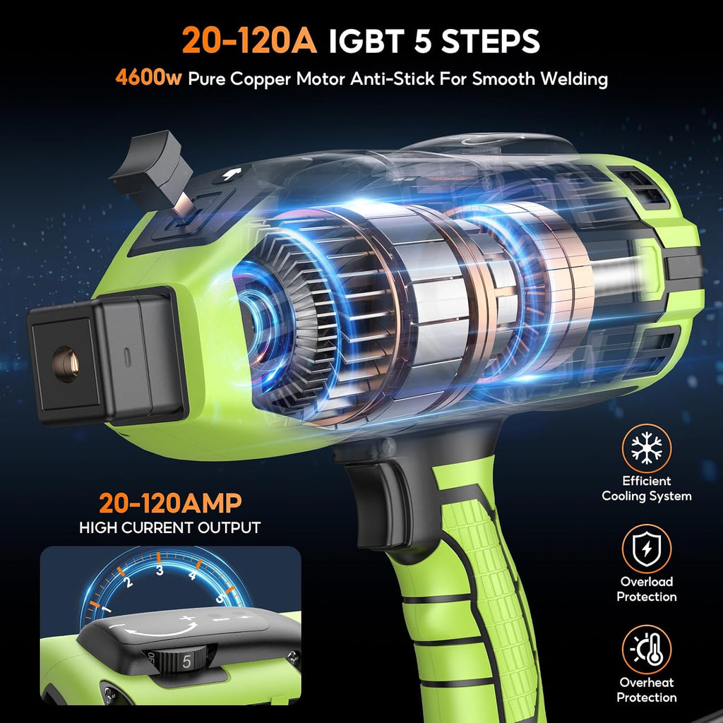 Portable Handheld Welding Machine - 110V IGBT Inverter Handheld Welder, 20-120A Portable ARC Welder with 5 Variable Current Adjustments,Hot Start & Anti-Stick for 3/32'-1/8' Welding Rods(Green)
