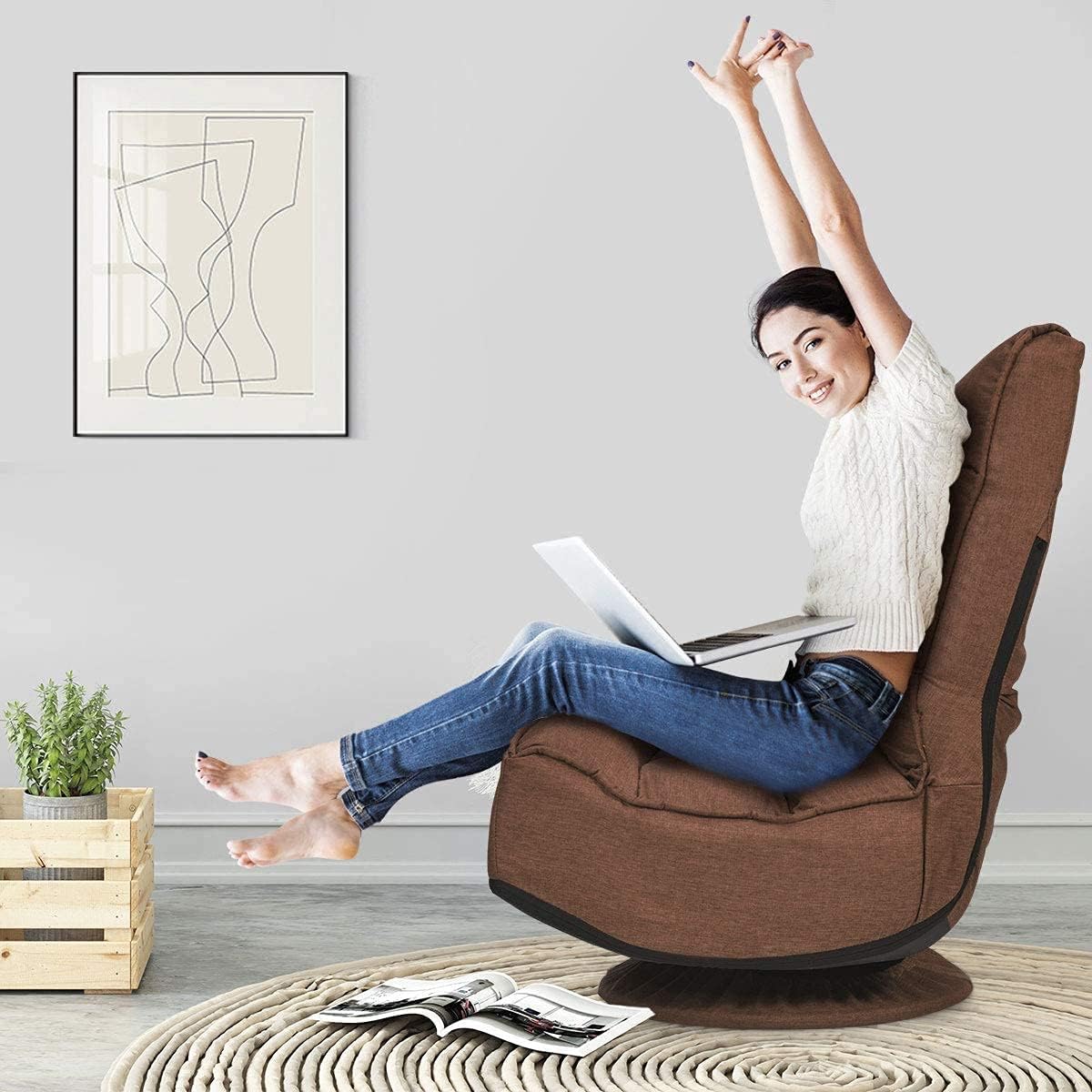 FANTASK 360 Degree Swivel Floor Chair, Folding Floor Sofa w/ 5 Adjustable Positions & Backrest, Lazy Lounge Chair for Relaxing Reading Gaming TV Watching (Brown)