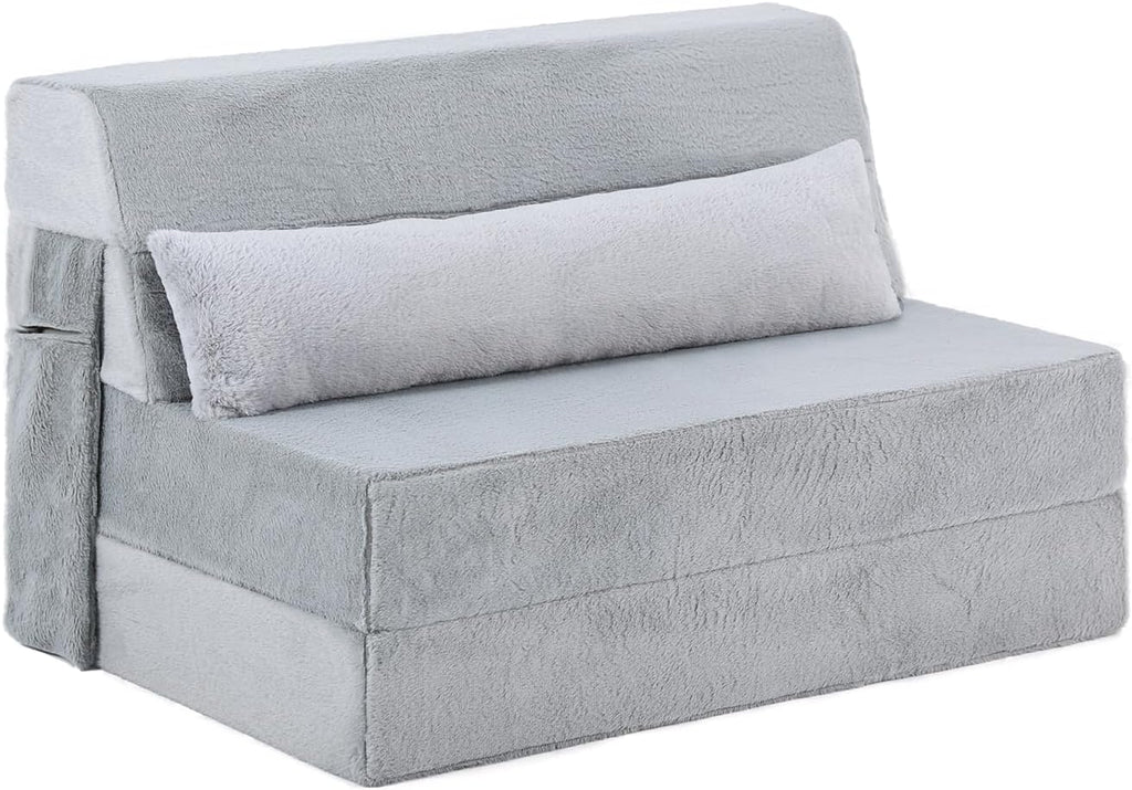 Tiita Convertible Folding Sofa Bed Twin Size for Adults with Pillow, Plush Fabric Floor Mattress Couch Bed, Washable Cover & Side Pocket, Guest Room, Dorm, Apartment, Living Room, White Gray