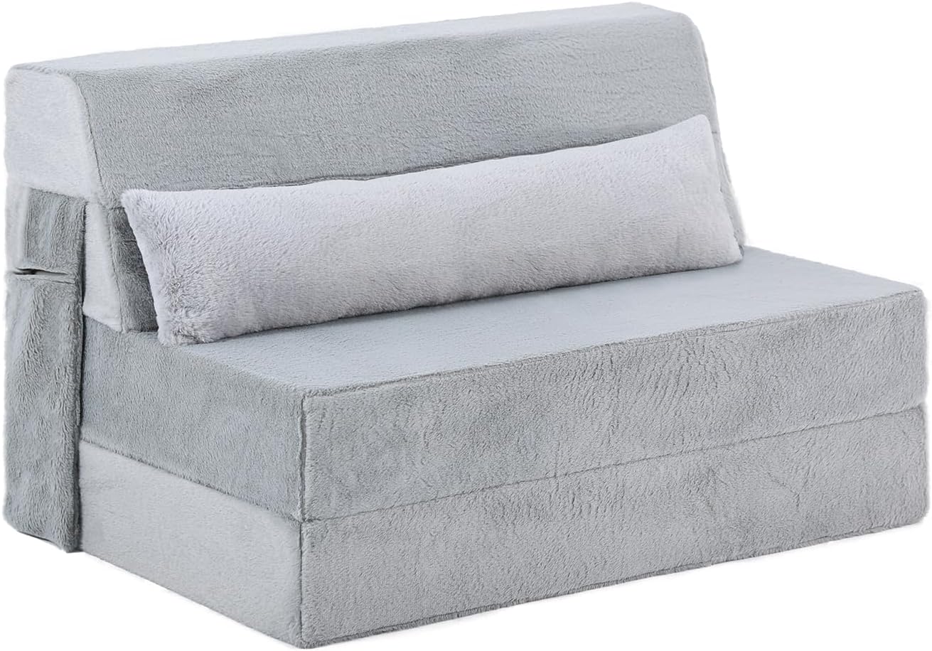 Tiita Convertible Folding Sofa Bed Twin Size for Adults with Pillow, Plush Fabric Floor Mattress Couch Bed, Washable Cover & Side Pocket, Guest Room, Dorm, Apartment, Living Room, White Gray