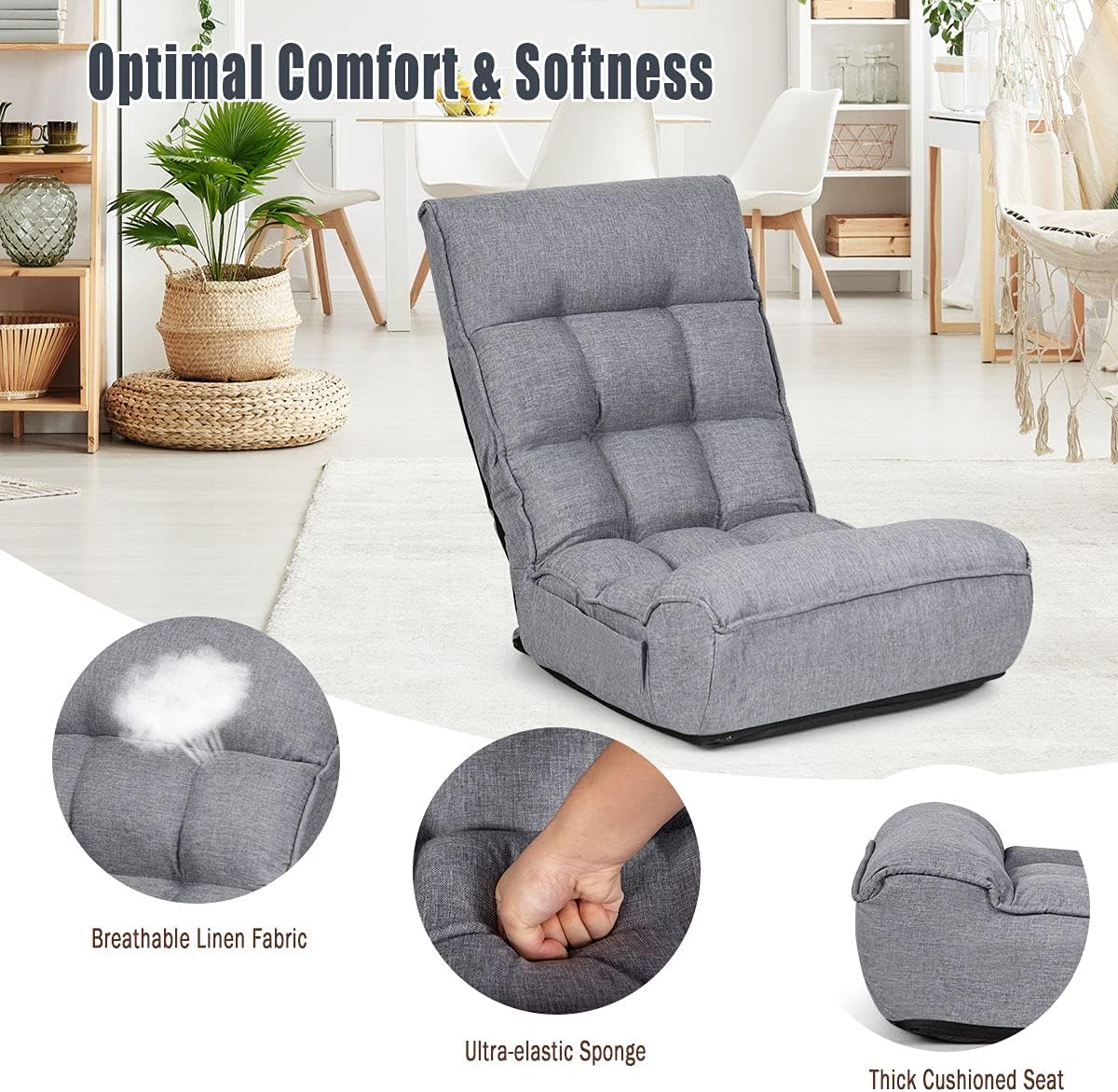ARLIME 4-Position Adjustable Floor Chair, Armless Floor Gaming Chair w/Back Support & Soft Cushion, Memory Foam Floor Lazy Sofa Chair for Gaming, Reading, Meditating (Gray), Grey