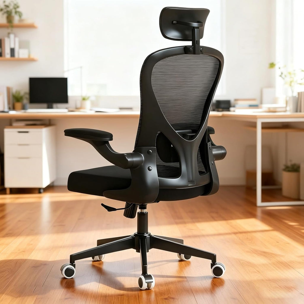 Office Chair with Adjustable Lumbar Support & Flip-Up Armrests -Ergonomic High Back Computer Desk Chair with Thickened Seat Cushion, Rolling Wheels for Home/Office Study Work (02H-Black)