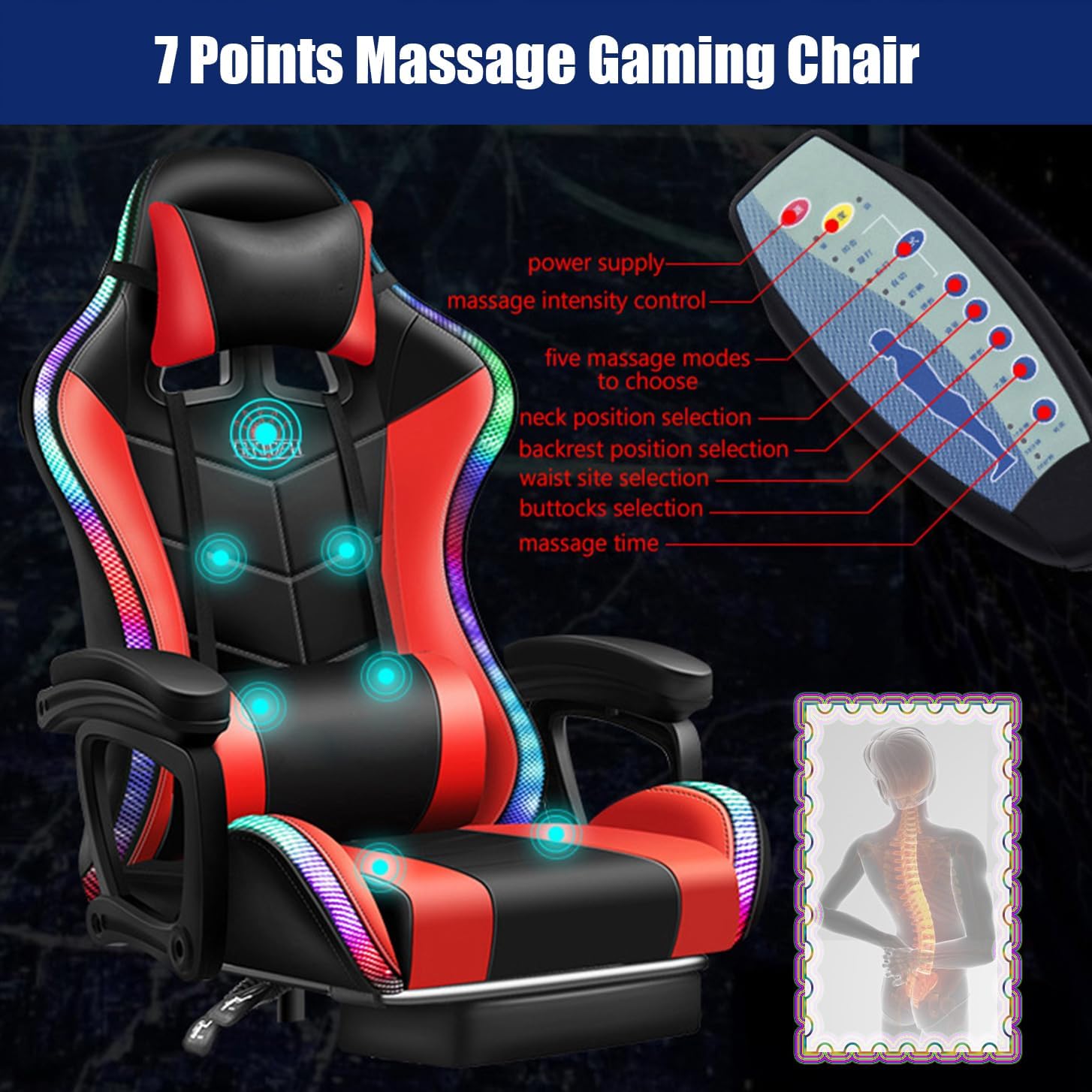 Gaming Chair with RGB LED Lights and Massage, Ergonomic Video Game Chair with Footrest, High Back Reclining Computer Chair with Headrest and Lumbar Support, 4D Handrail,Swivel Seat Gamer Ch