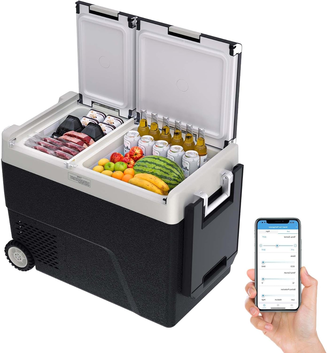 GarveeTech 51 QT Car Refrigerator, 12V Portable Electric Freezer, Dual Zone -4℉-68°F, App Control, Movable Wheels, for Camping, Picnic, Travel, Road Trip, Home, 12/24V DC & 110/240V AC