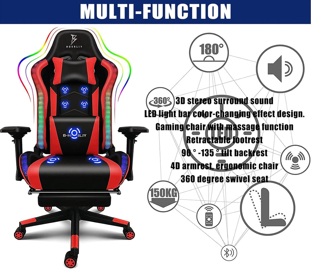 Massage Gaming Chair with Speakers, Ergonomic Pro Gaming Chair with Headrest and Lumbar Support,Reclining Computer Chair with Footrest and RGB Lights,Video Game Chair for Adults Kids.,White