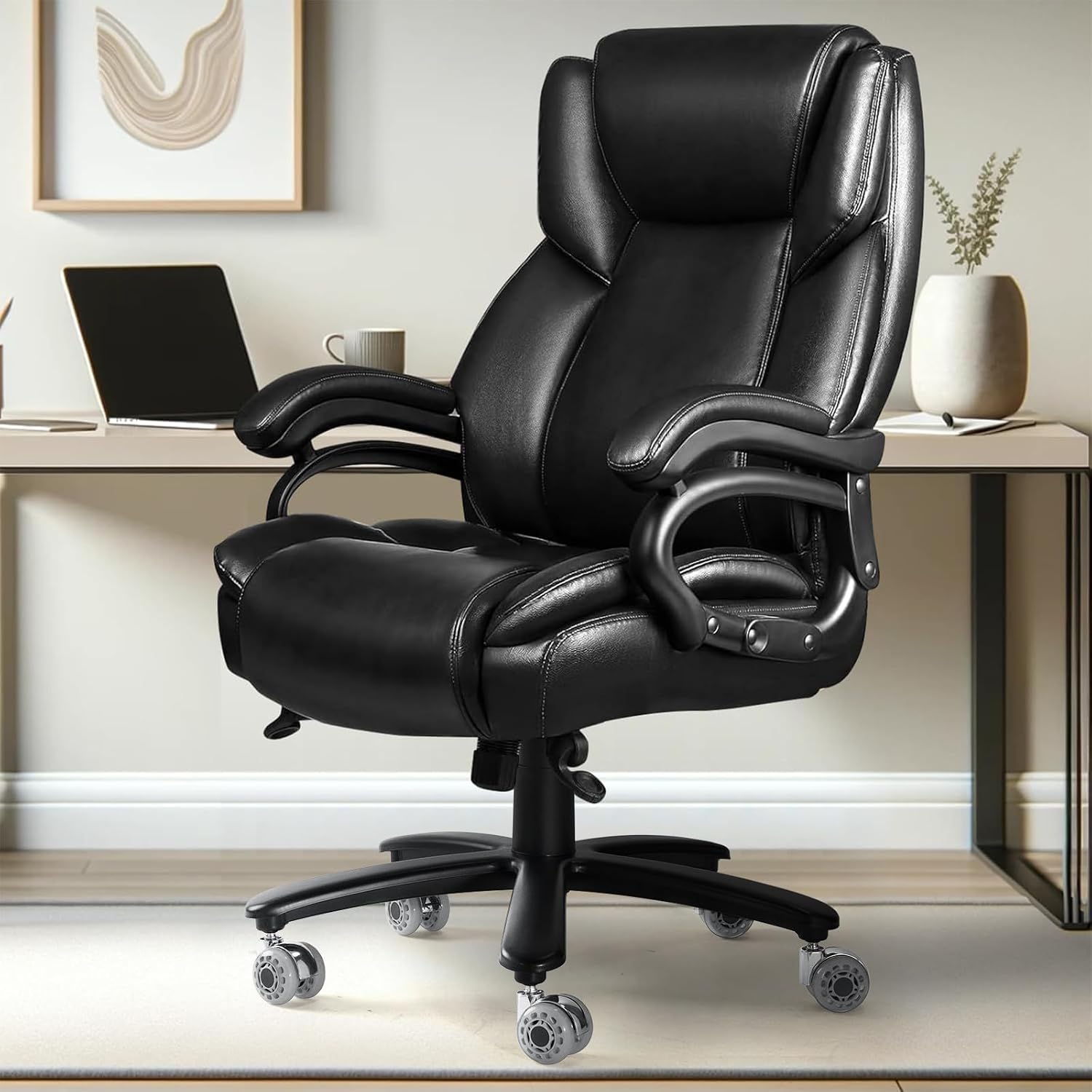 Indulgear 500lbs Big and Tall Office Chair with Dual Rubber Wheel, Heavy Duty Office Chair for Low Back Pain Relief, Large Executive Desk Chair with Adjustable Lumbar Support
