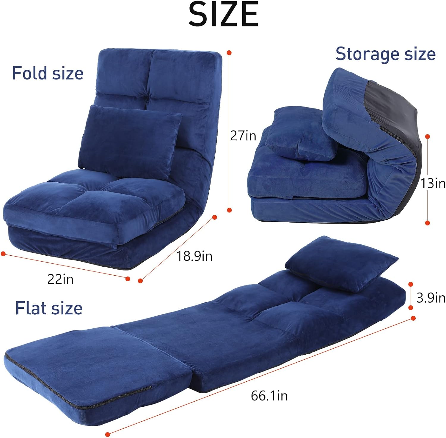 Indoor Chaise Lounge Sofa, Floor Chair with Back Support for Adults, 14 Angle Adjustment Recliner Chair, Folding Floor Lounger with Pillow 8823(Blue)