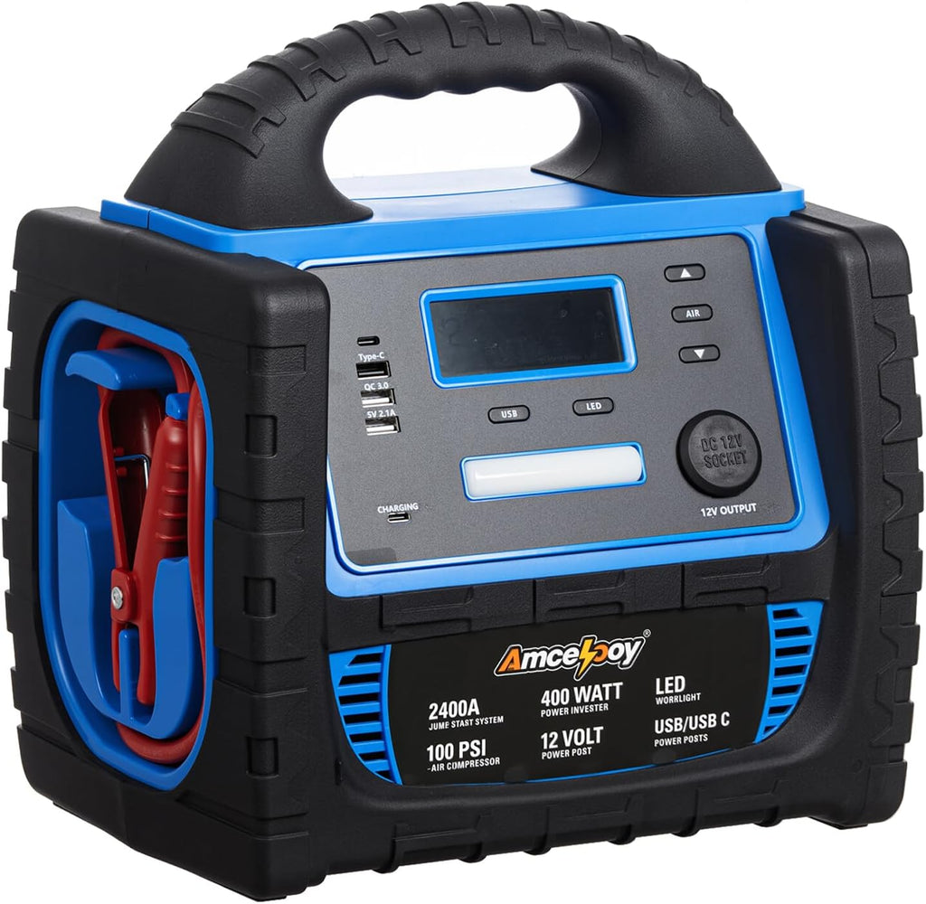 2400A Car Battery Jump Starter and Portable Power Station – Starts 8.0L Gas & 8.0L Diesel – 6-in-1 Jump Starter with Air Compressor 100 PSI Tire Inflator – 400 Watt Inverter AC/DC/USB Outlets