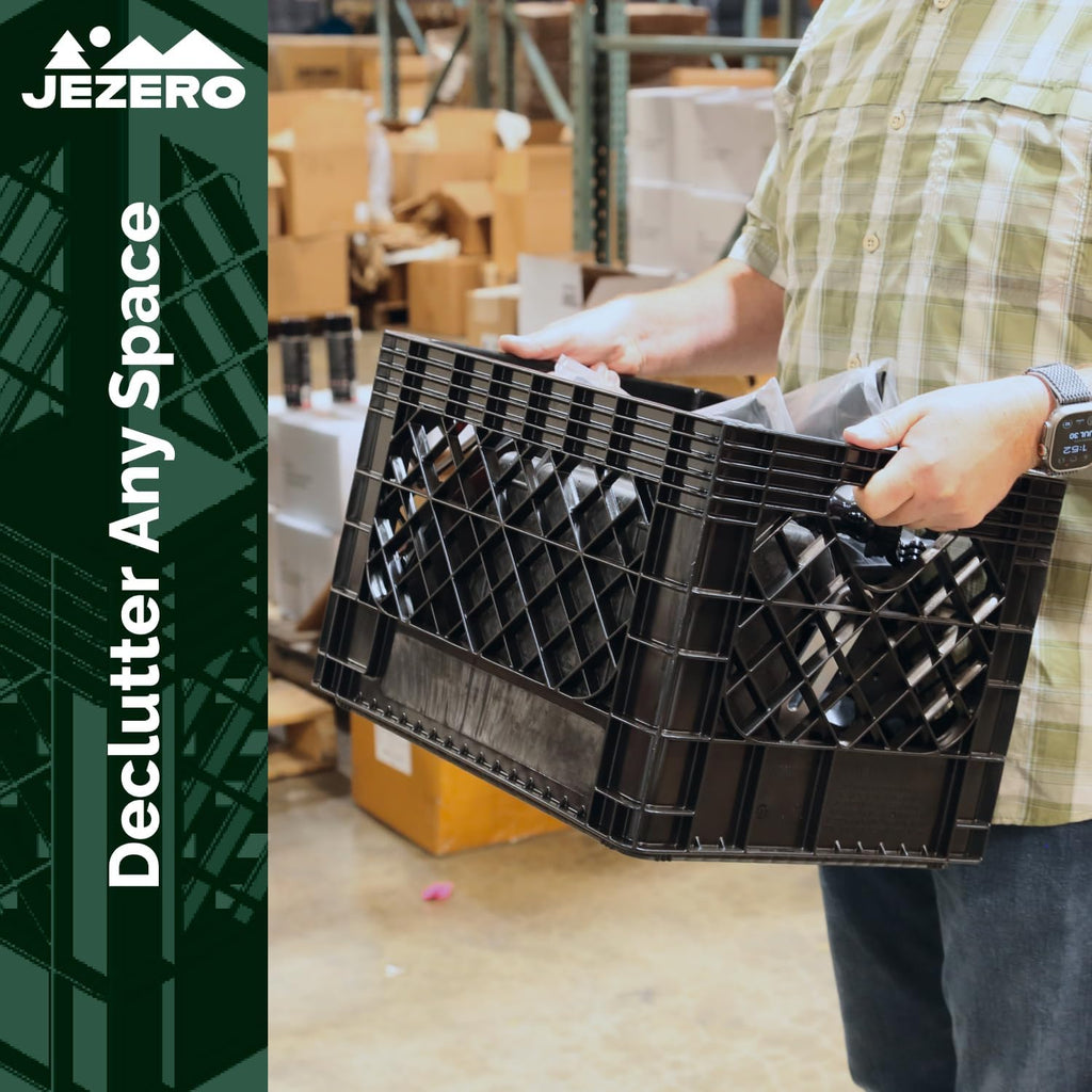 JEZERO 20 Quart 4-Pack Heavy Duty Plastic Crate | Stackable Multi-Purpose Storage Bin for Garage, Home, Office, Groceries, Outdoor, Camping & Kayaking | Black Utility Tote, 17' x 13' x 11'