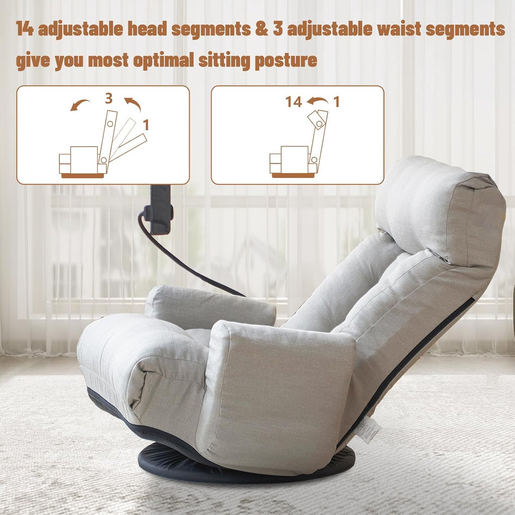 360° Swivel Floor Gaming Chair Linen Folding Lounge Sofa Chair with Adjustable Head and Waist, Armrests & Phone Holder, Padded Cushion Leisure Chairs for Living Room Bedroom (Grey)