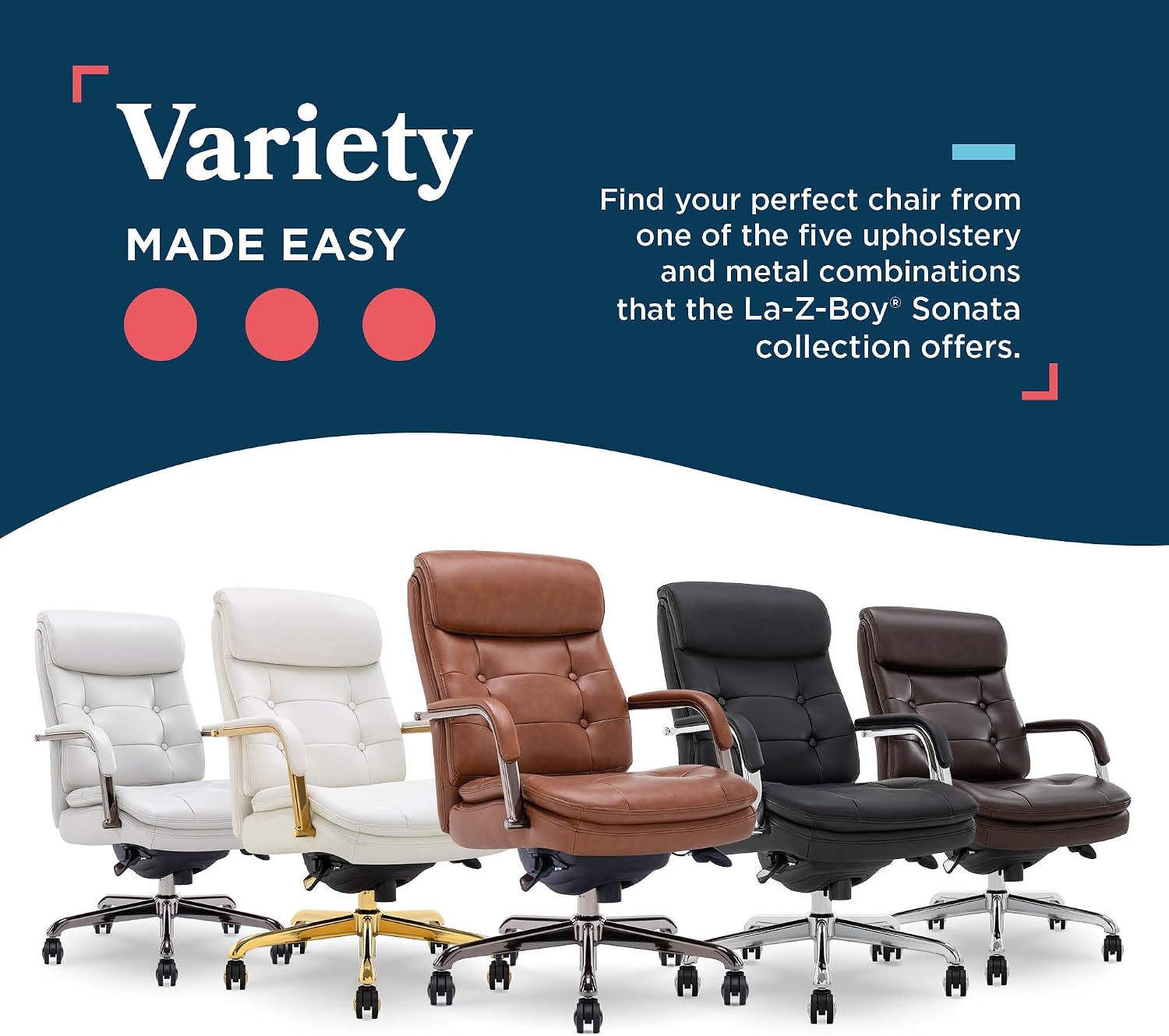 La-Z-Boy Sonata Executive Mid-Back Office Chair, Button-Tufted Seat and Back, Double-Layer Cushion, Padded Armrests, Ergonomic Computer DeskChair, Swivel Metal Base, Bonded Leather, Cognac/Graphite