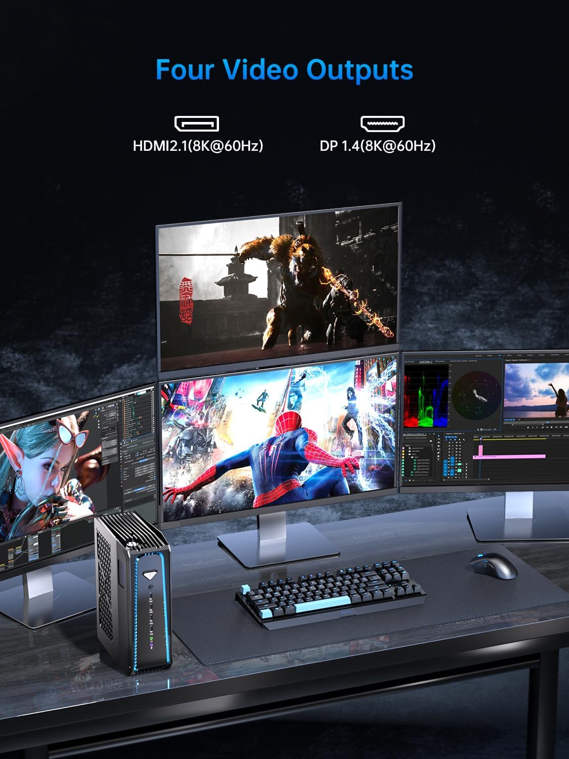 Thdeukoty Mini Gaming Pc Core i9-14900F(24C, 32T, Up to 5.8GHz) 32GB DDR5 1TB SSD, Liquid Cooled Desktop Computer with RTX 5070 WiFi 6E, BT5.3, RJ45 Port, Quad Display for Gaming/Design/Office