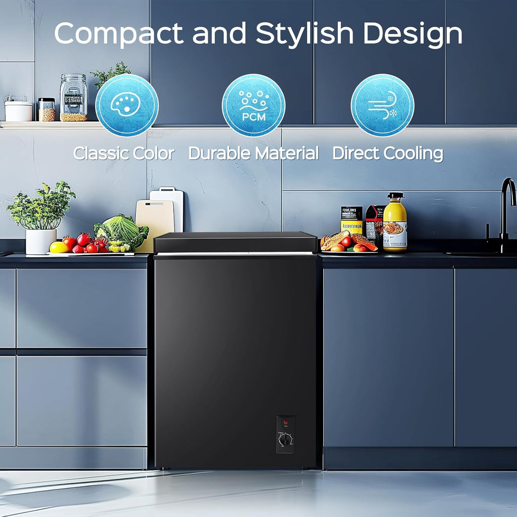 Anypro Chest Freezer 4.5 Cu.Ft, FreeStanding Top Door Compact Small Deep Mini Freezer with Removable Basket, 7 Adjustable Temperatures for Garage Dorm Apartment RV Kitchen Business, Black