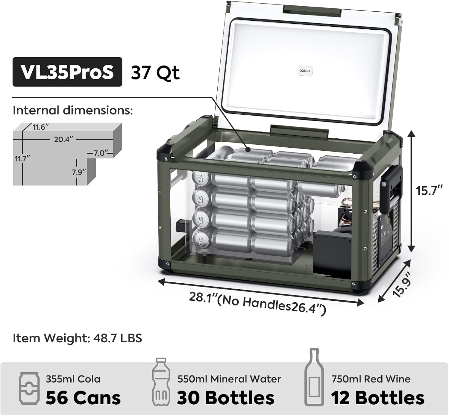 ICECO VL35 ProS Portable Fridge with Multi-directional Lid, 35 Liters 12V Refrigerator Freezer with SECOP Compressor, 0℉-50℉, DC 12/24V, AC 110-240V, for Camping, Car (VL35 ProS Olive Green+Cover)