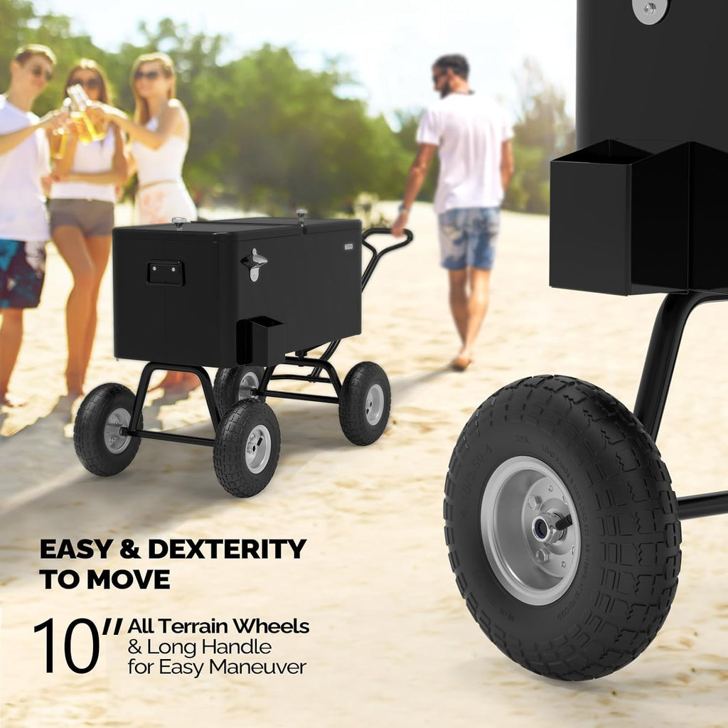 VINGLI 80 Quart Wagon Rolling Cooler Ice Chest, w/Long Handle and 10' Wheels, Portable Beach Patio Party Bar Cold Drink Beverage, Outdoor Park Cart on Wheels