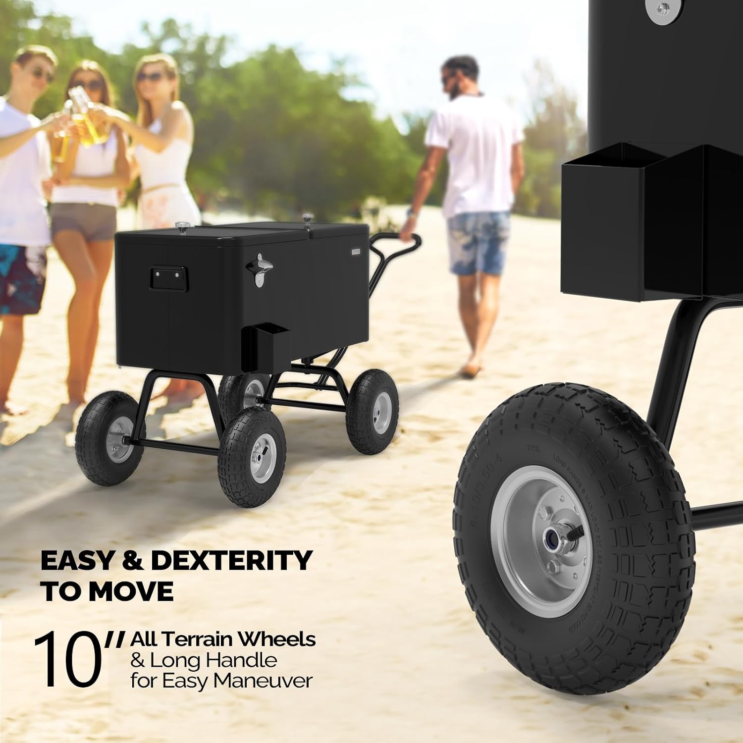 VINGLI 80 Quart Wagon Rolling Cooler Ice Chest, w/Long Handle and 10' Wheels, Portable Beach Patio Party Bar Cold Drink Beverage, Outdoor Park Cart on Wheels