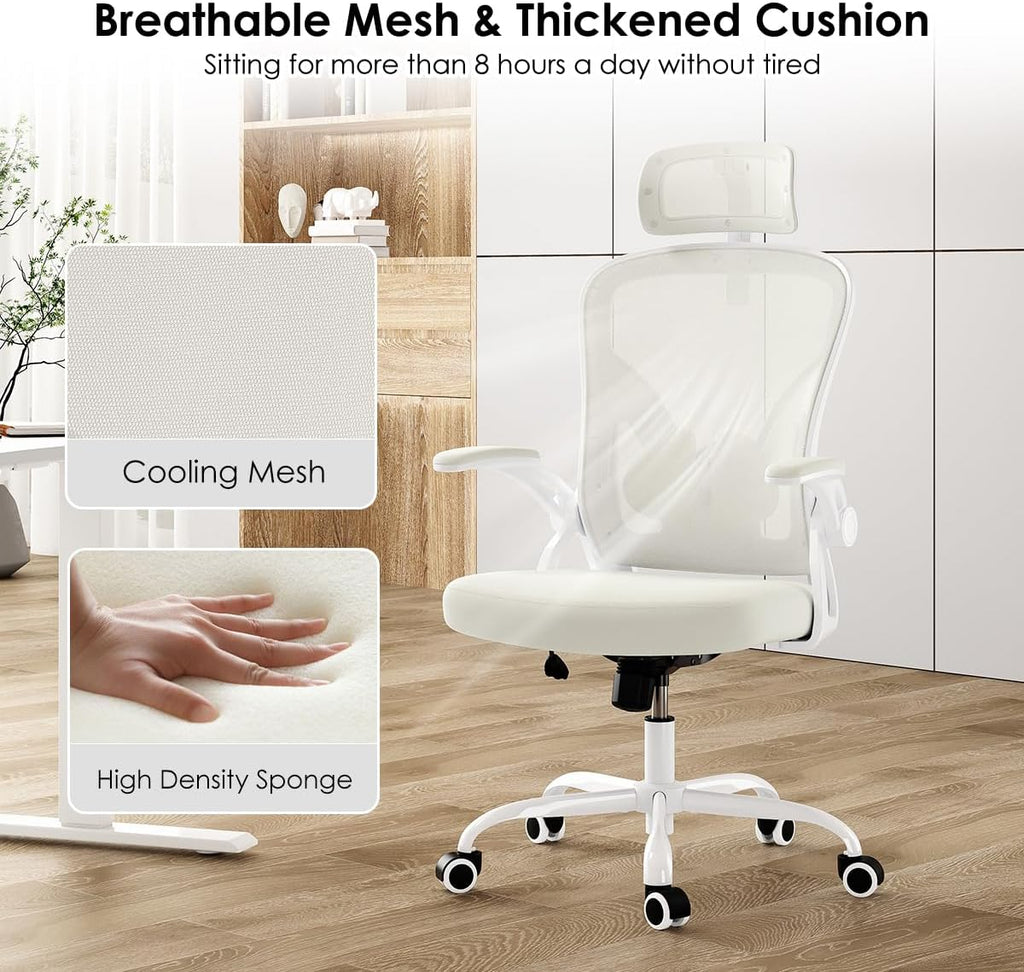 Farini Ergonomic Office Chair, Home Office Desk Chair with Headrest, High Back Swivel Computer Chair with Armrests and Adjustable Lumbar Support for Home Office Study Room, White & Beige